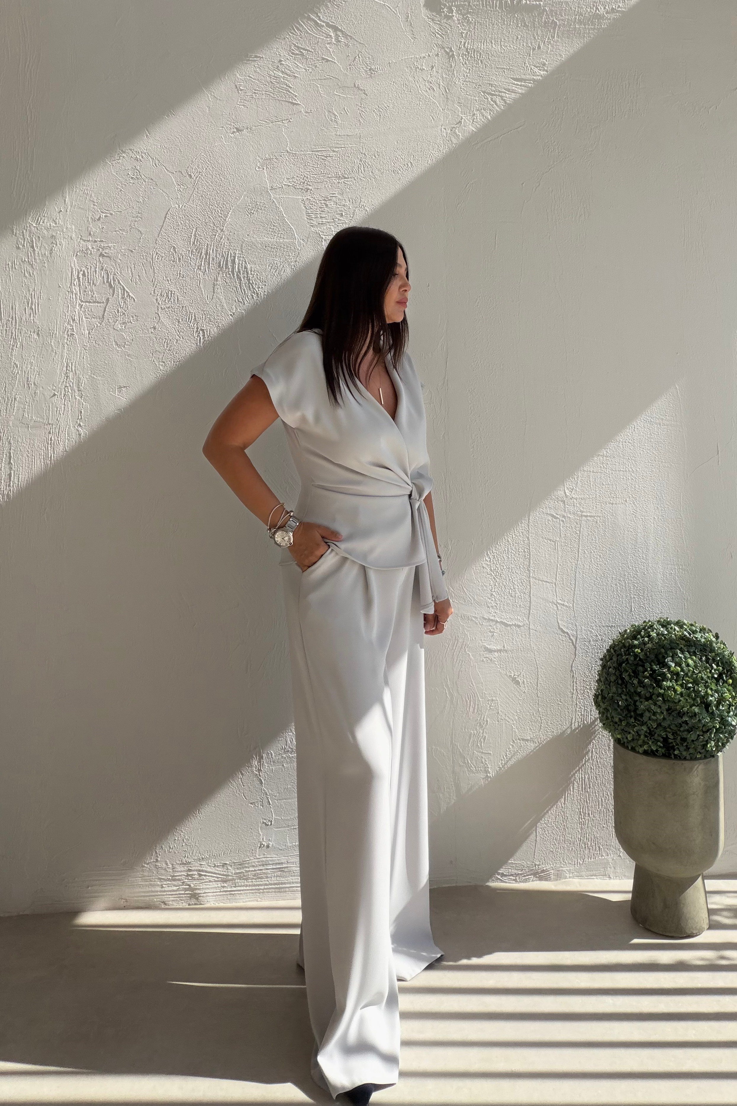 Kruveze Dökümlü Pantolon Bluz Takım GRİ