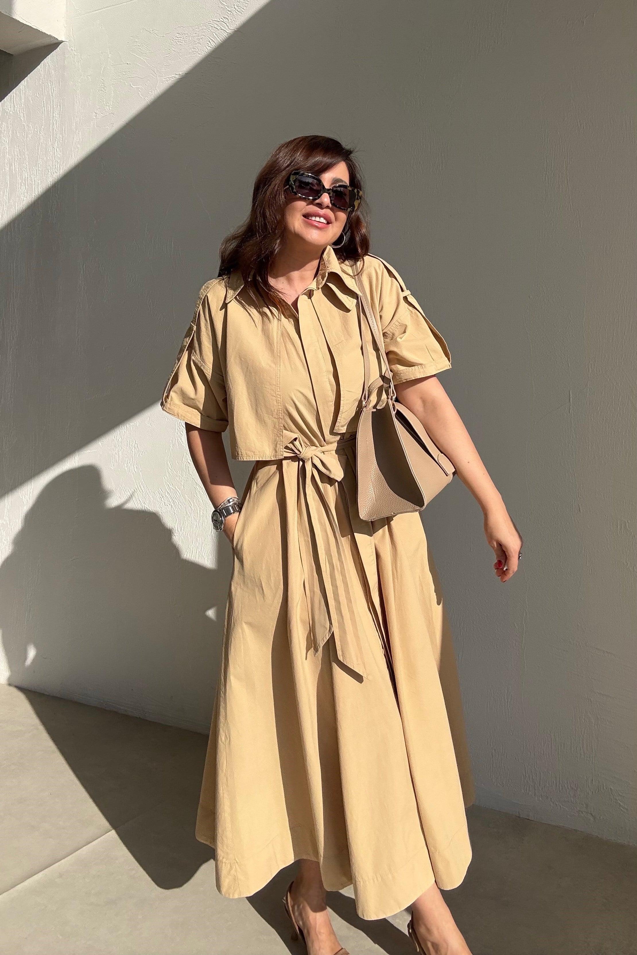 Kum Rengi Gömlek Elbise 