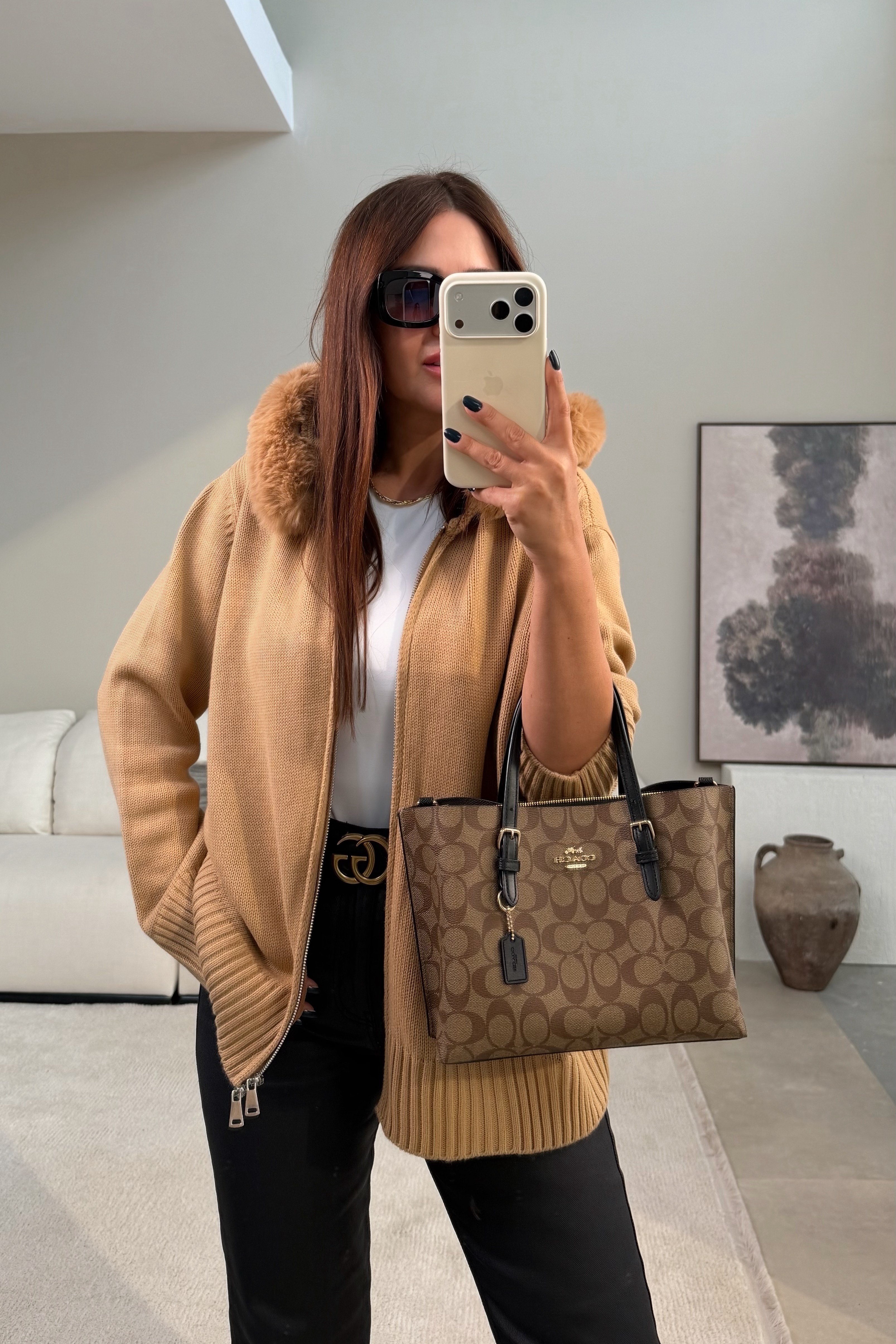Kürk Yaka Kapüşonlu Hırka CAMEL