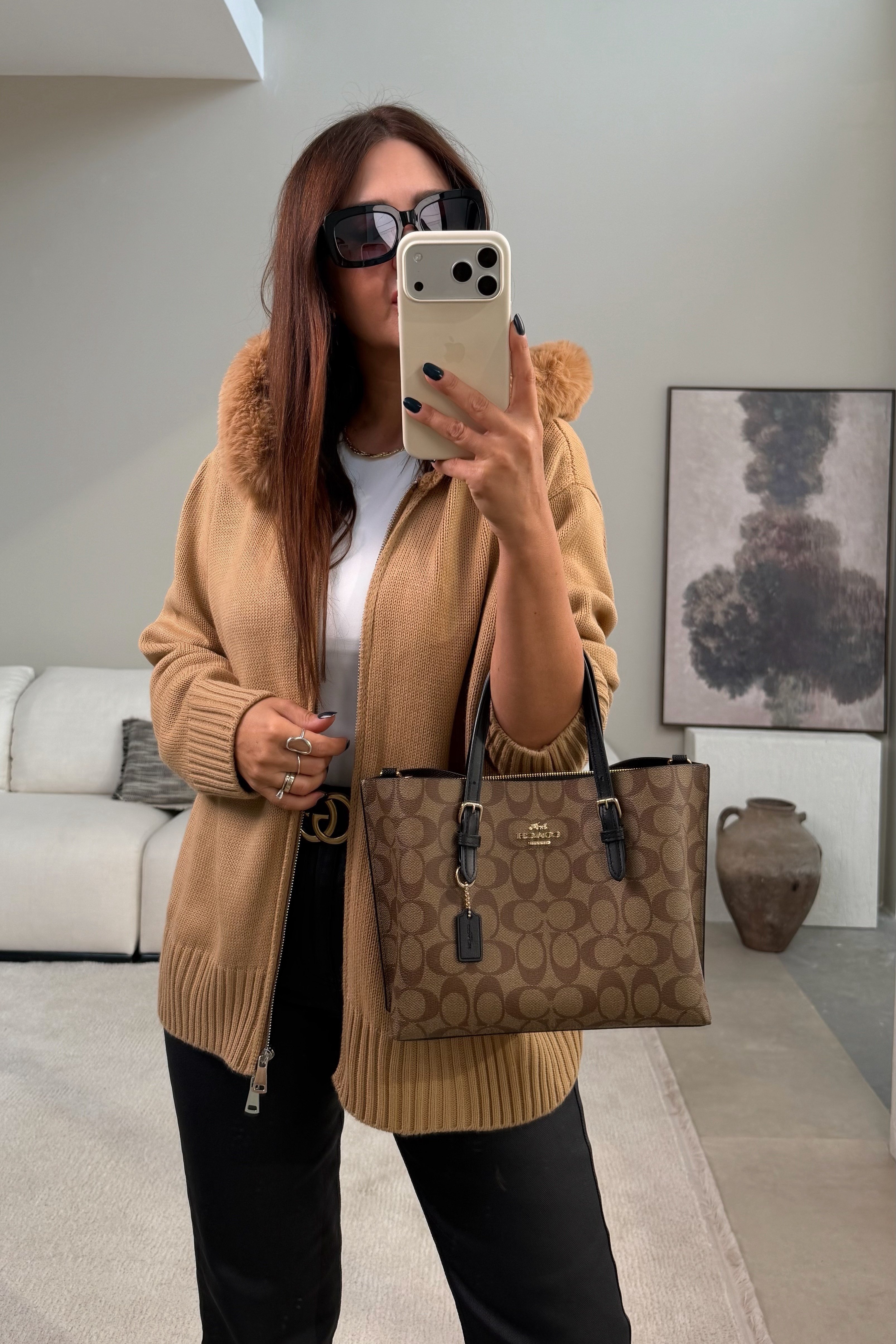 Kürk Yaka Kapüşonlu Hırka CAMEL