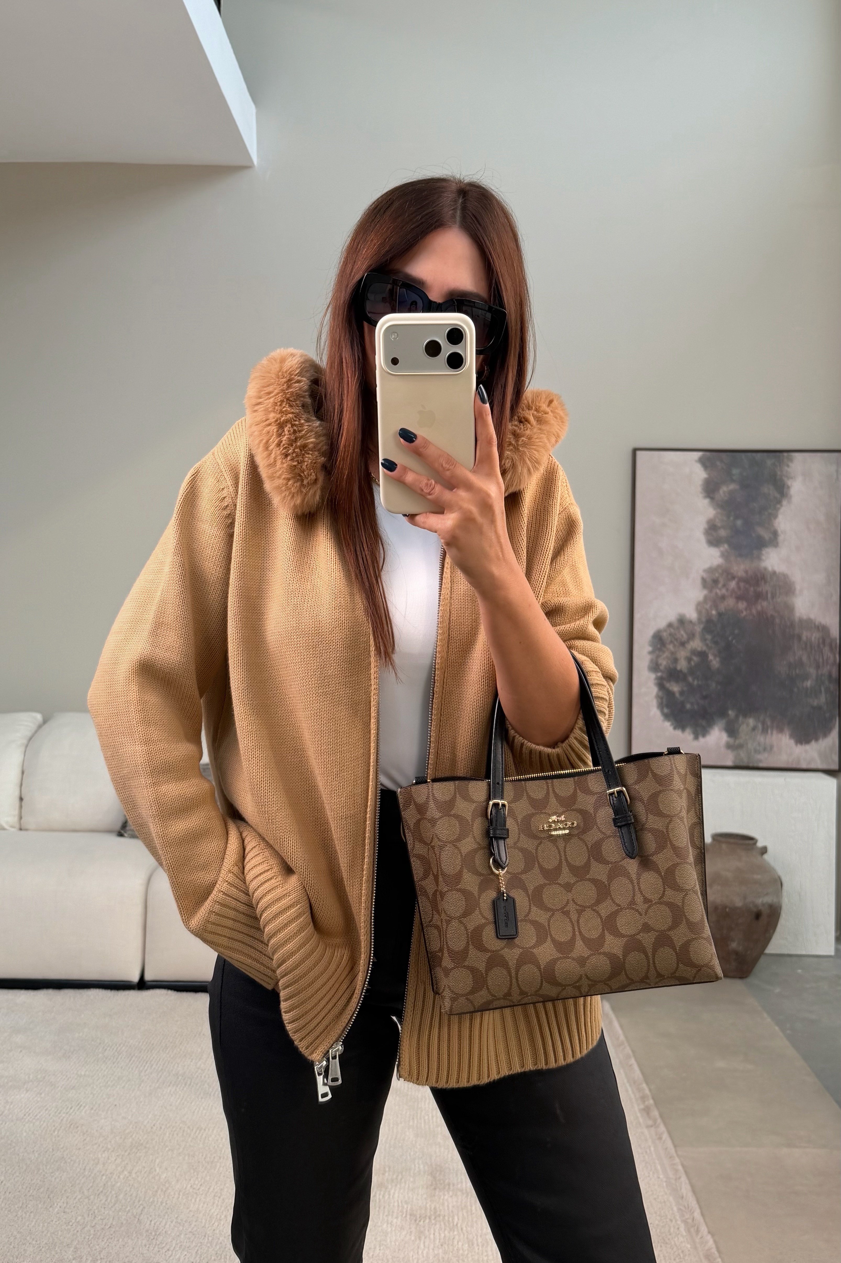 Kürk Yaka Kapüşonlu Hırka CAMEL