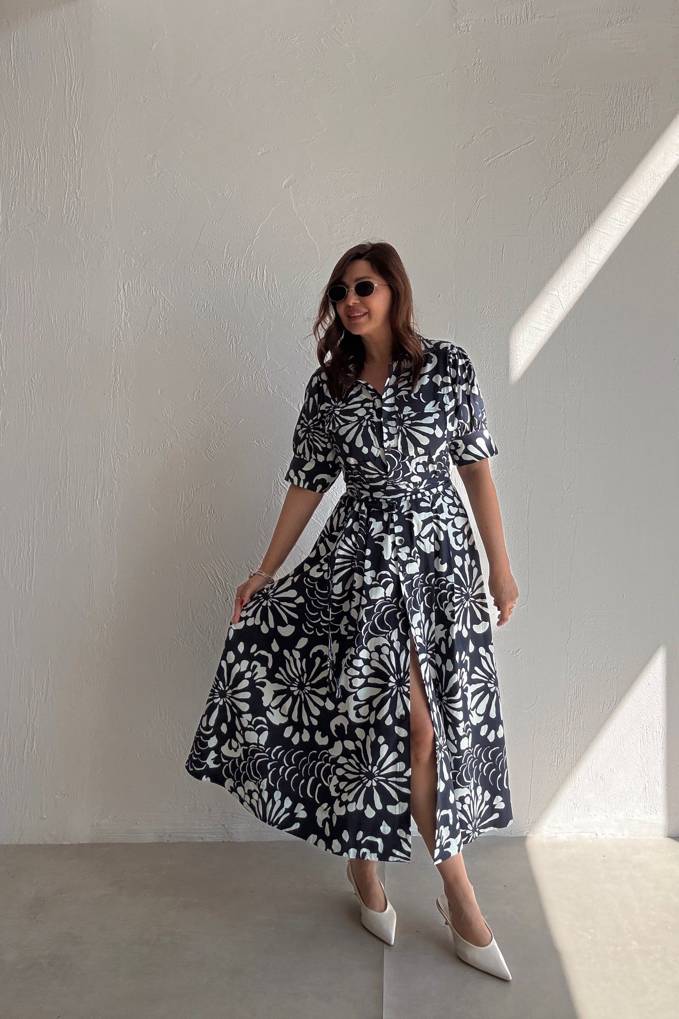 Lacivert Çiçekli Midi Elbise 