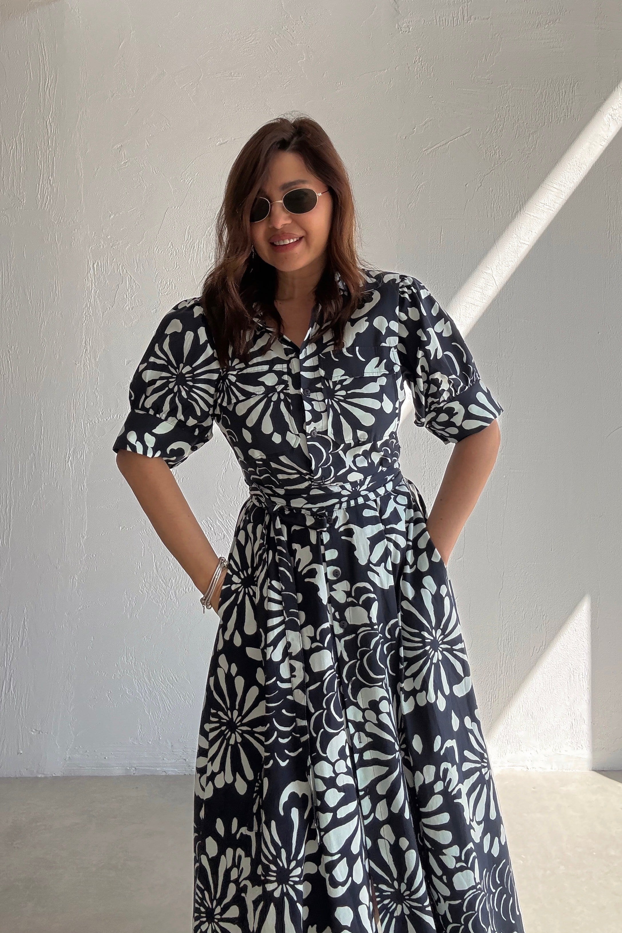 Lacivert Çiçekli Midi Elbise 