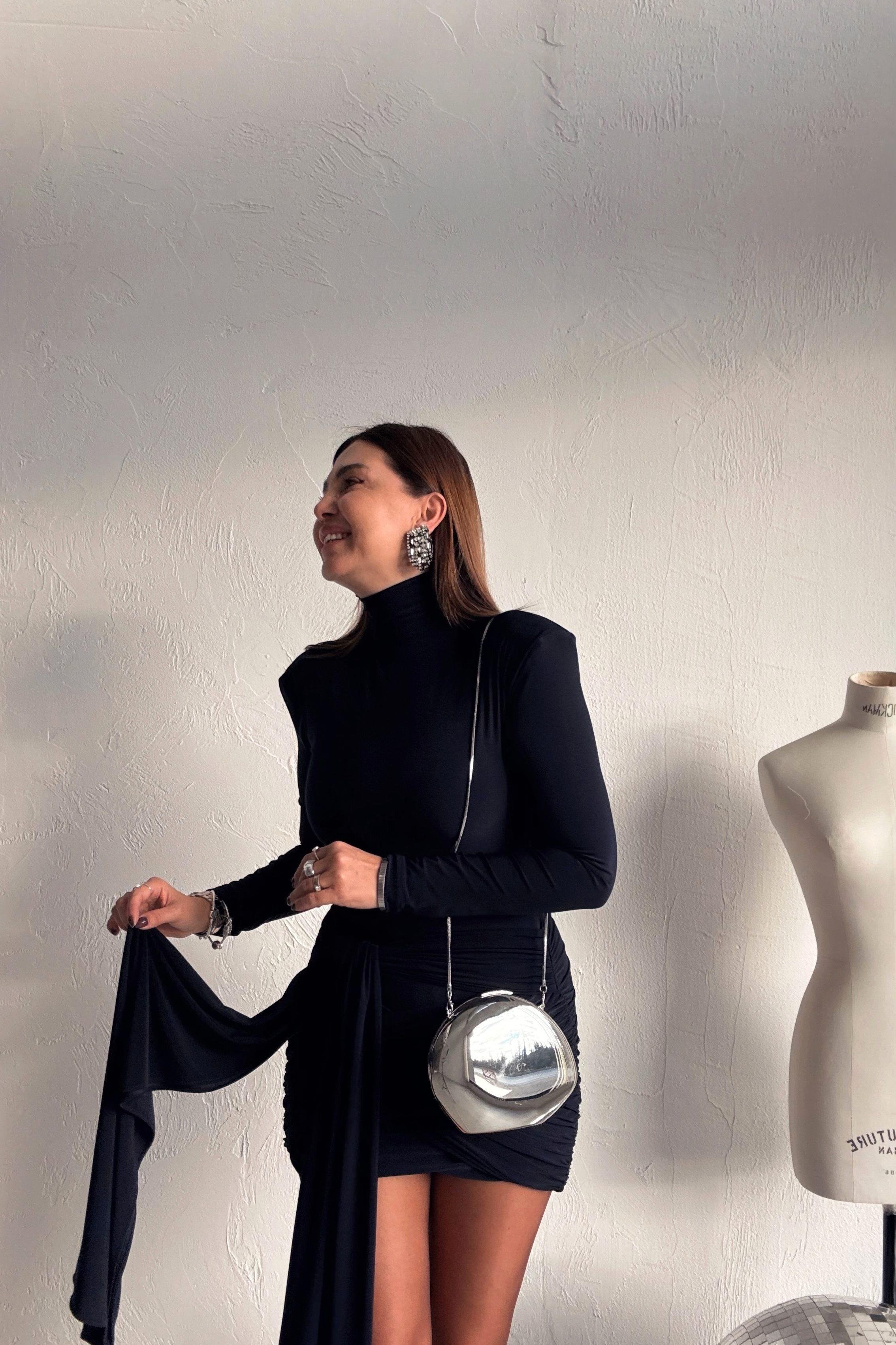 Lacivert  Drapeli Mini Elbise 