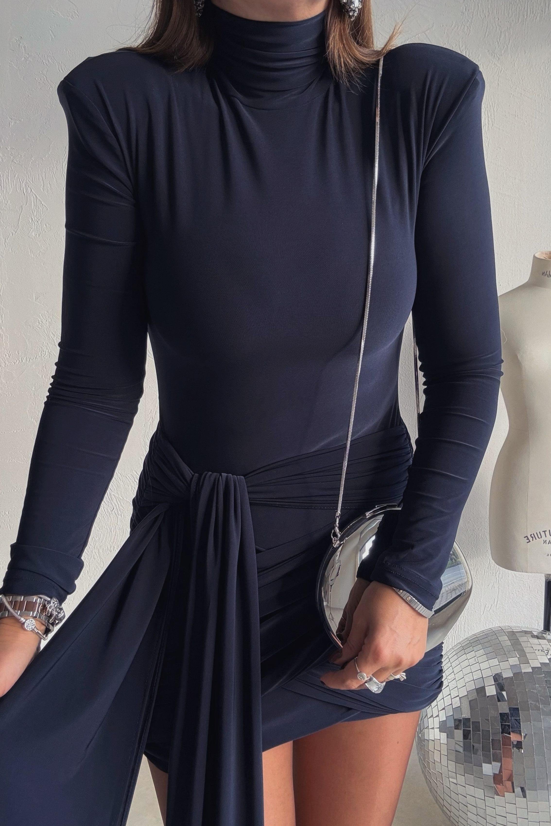 Lacivert  Drapeli Mini Elbise 