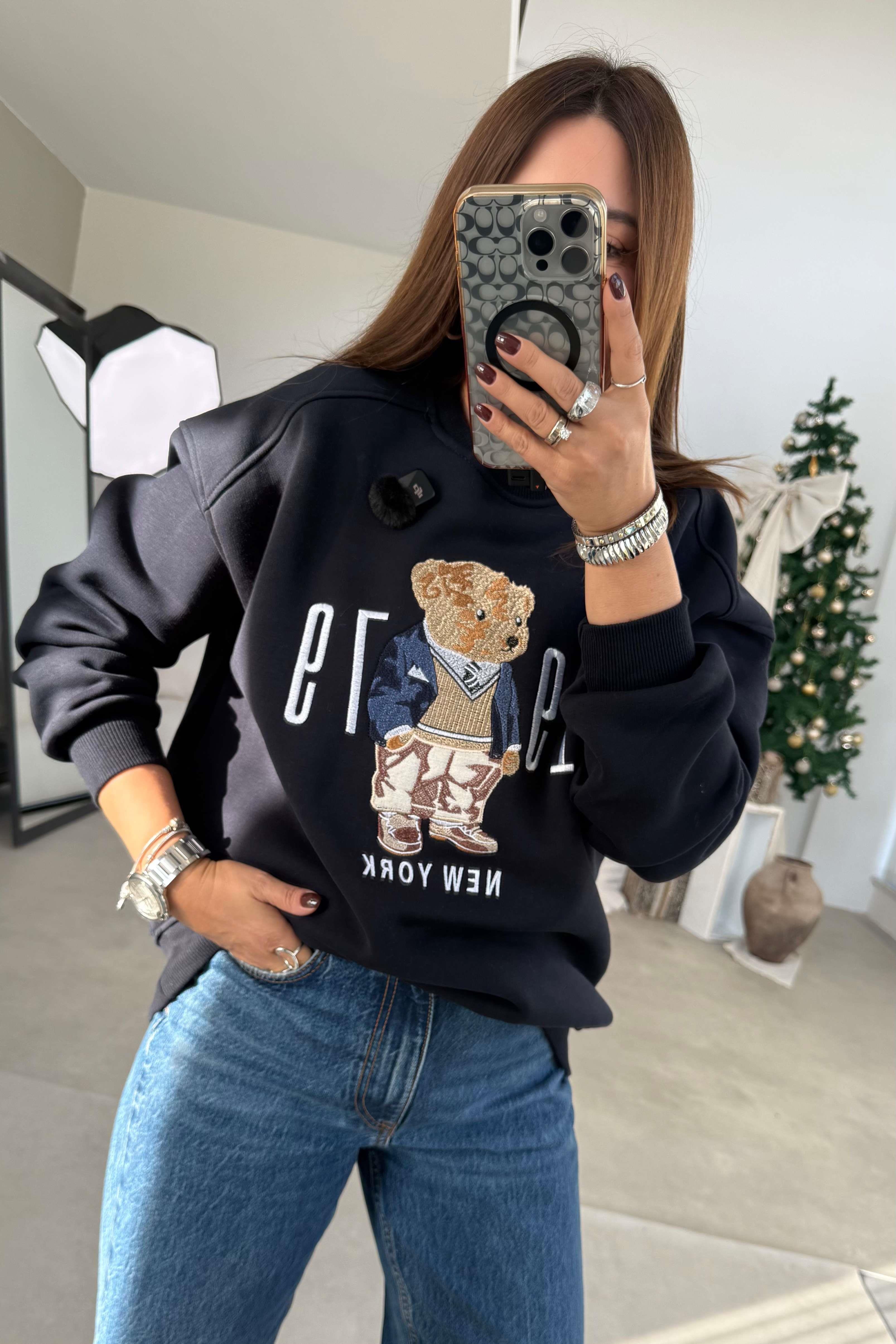 Lacivert Teddy Nakışlı Sweatshirt 
