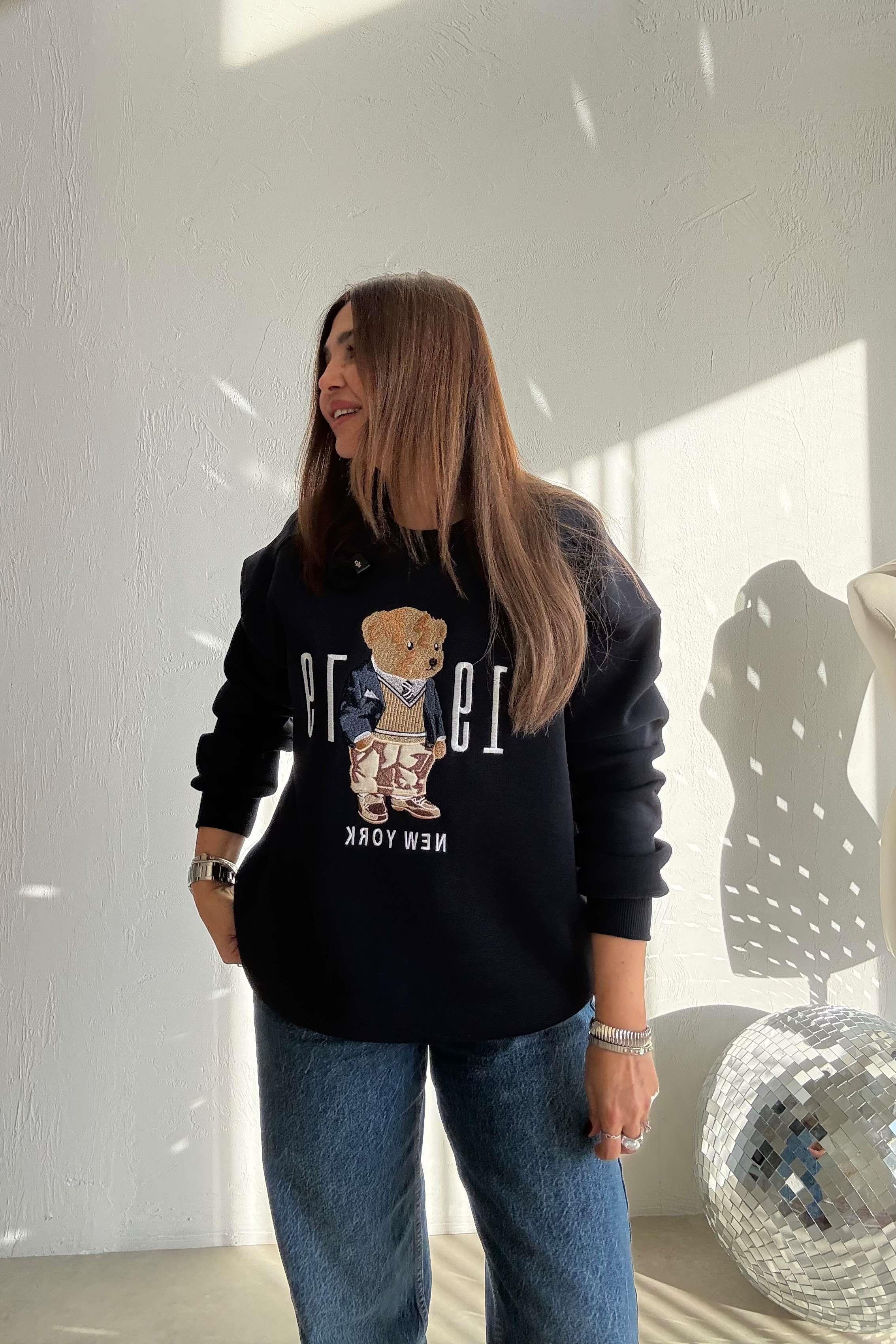 Lacivert Teddy Nakışlı Sweatshirt 