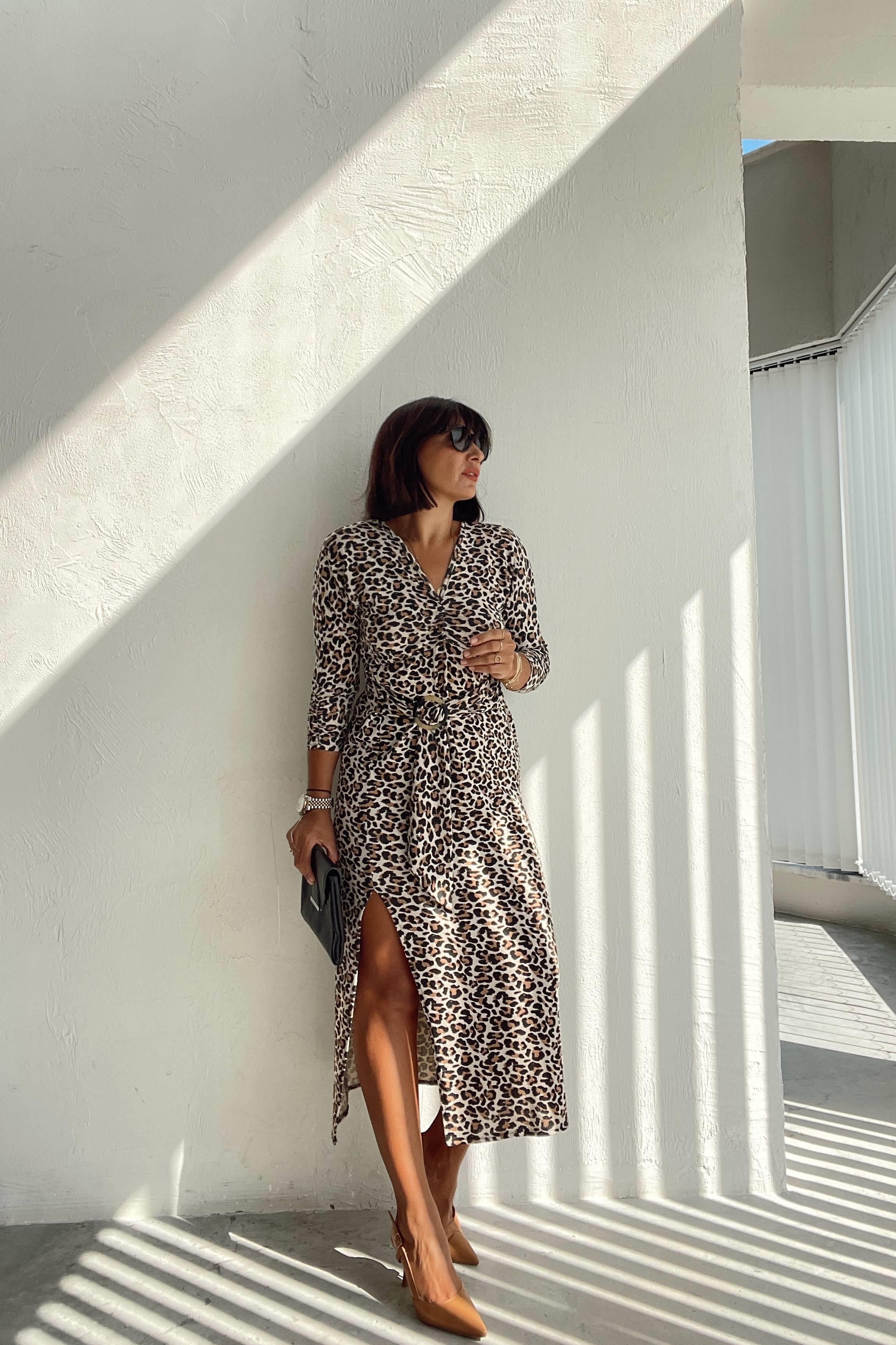 Leopar Drapeli Elbise 