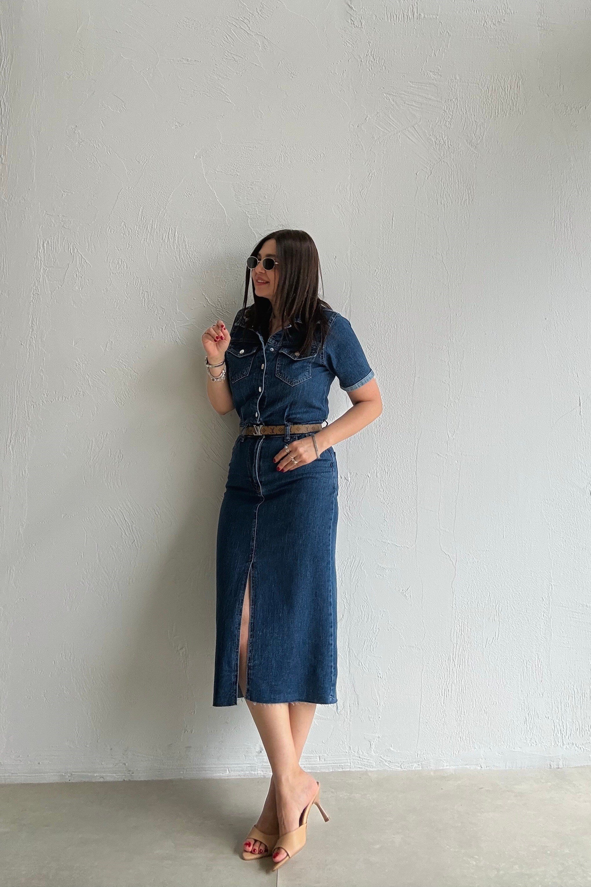 Likralı Denim Elbise MAVİ