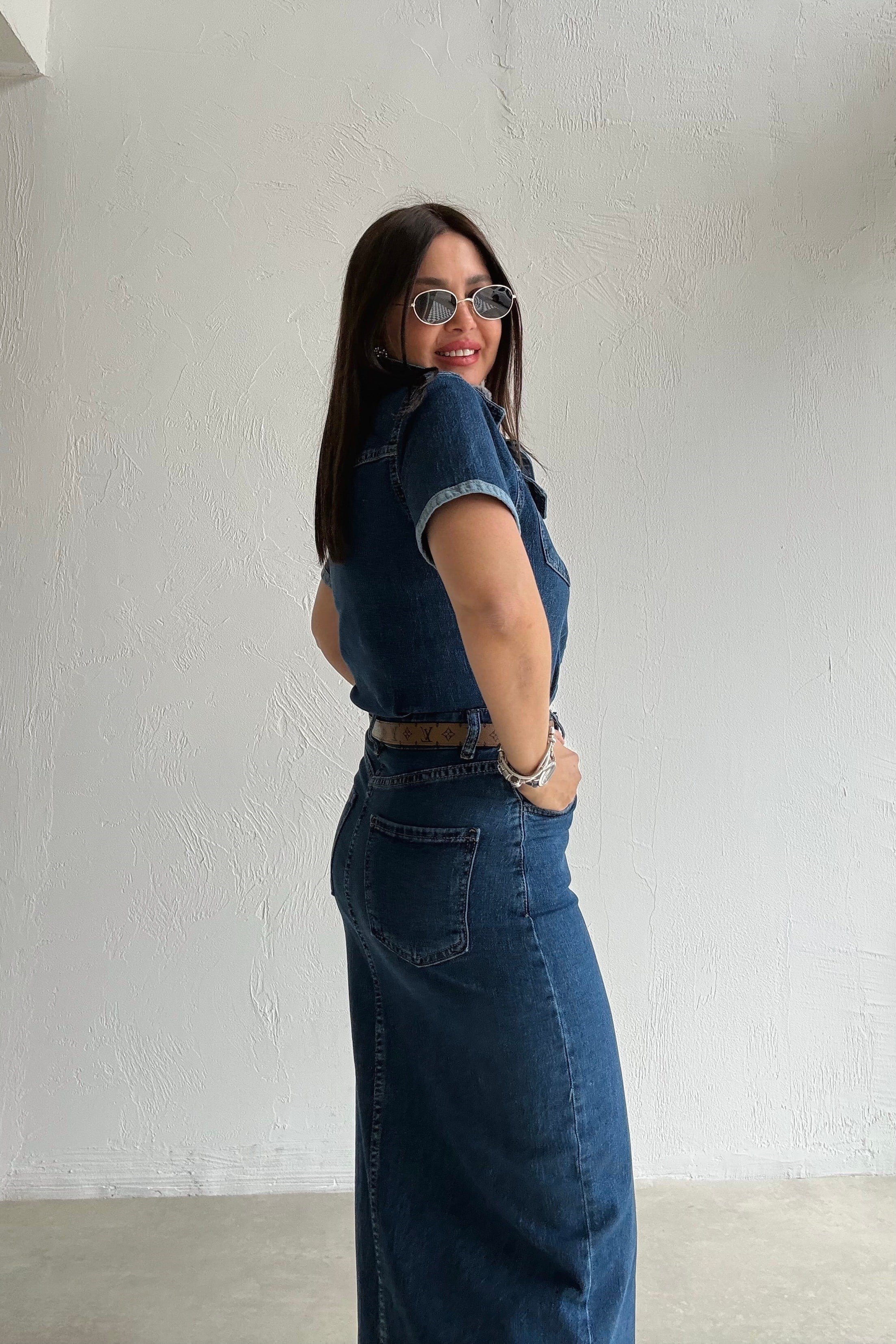 Likralı Denim Elbise MAVİ