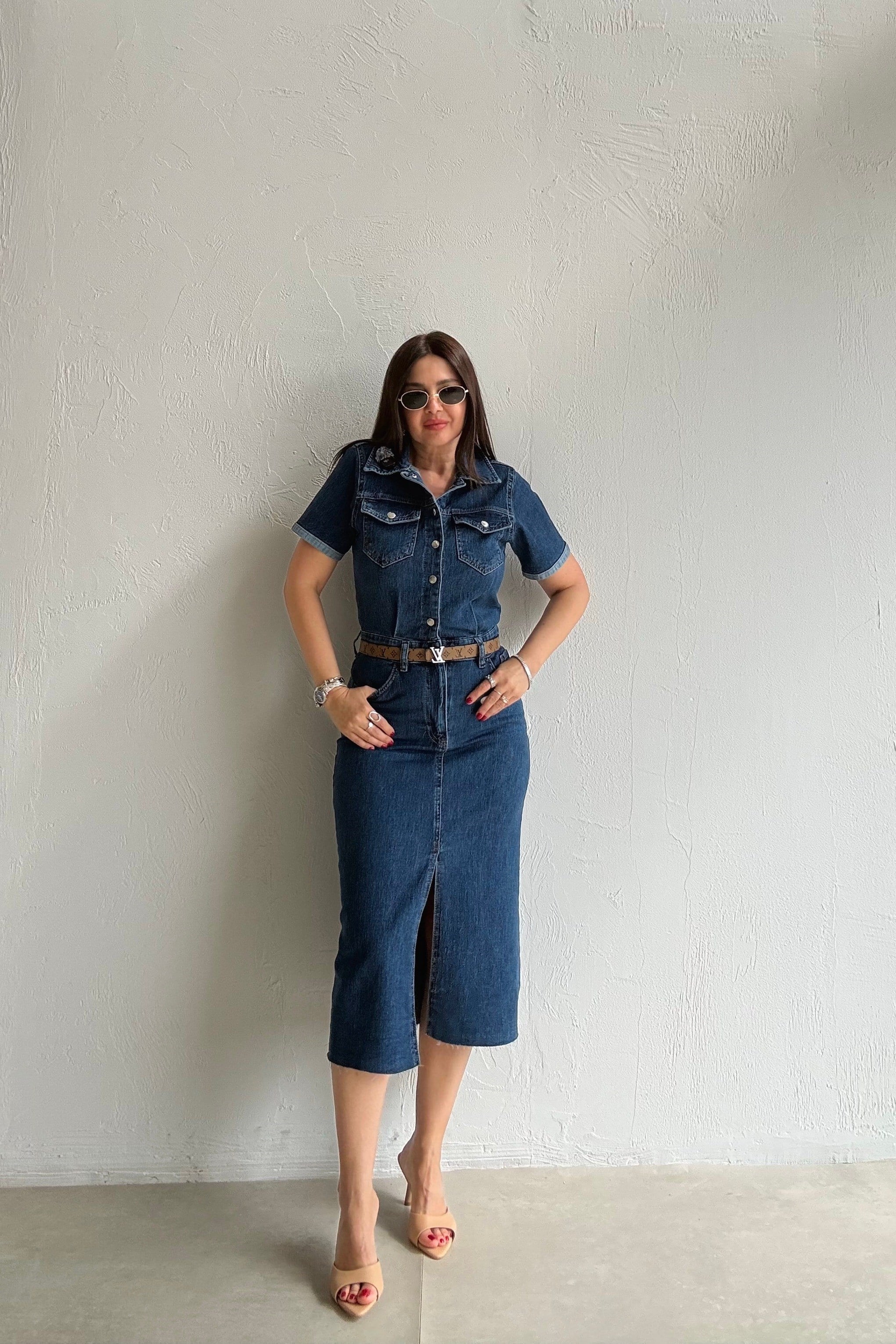 Likralı Denim Elbise MAVİ