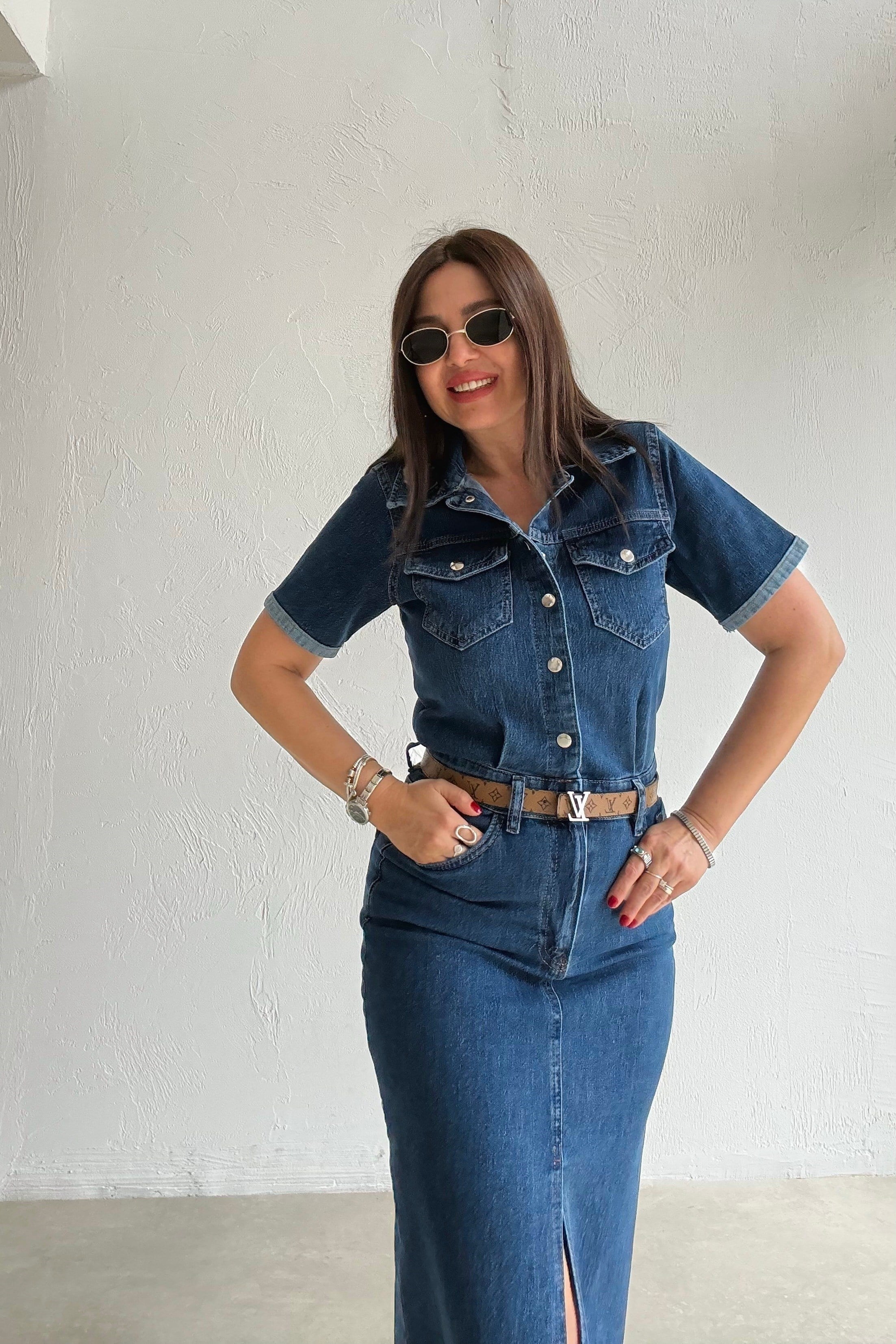 Likralı Denim Elbise MAVİ