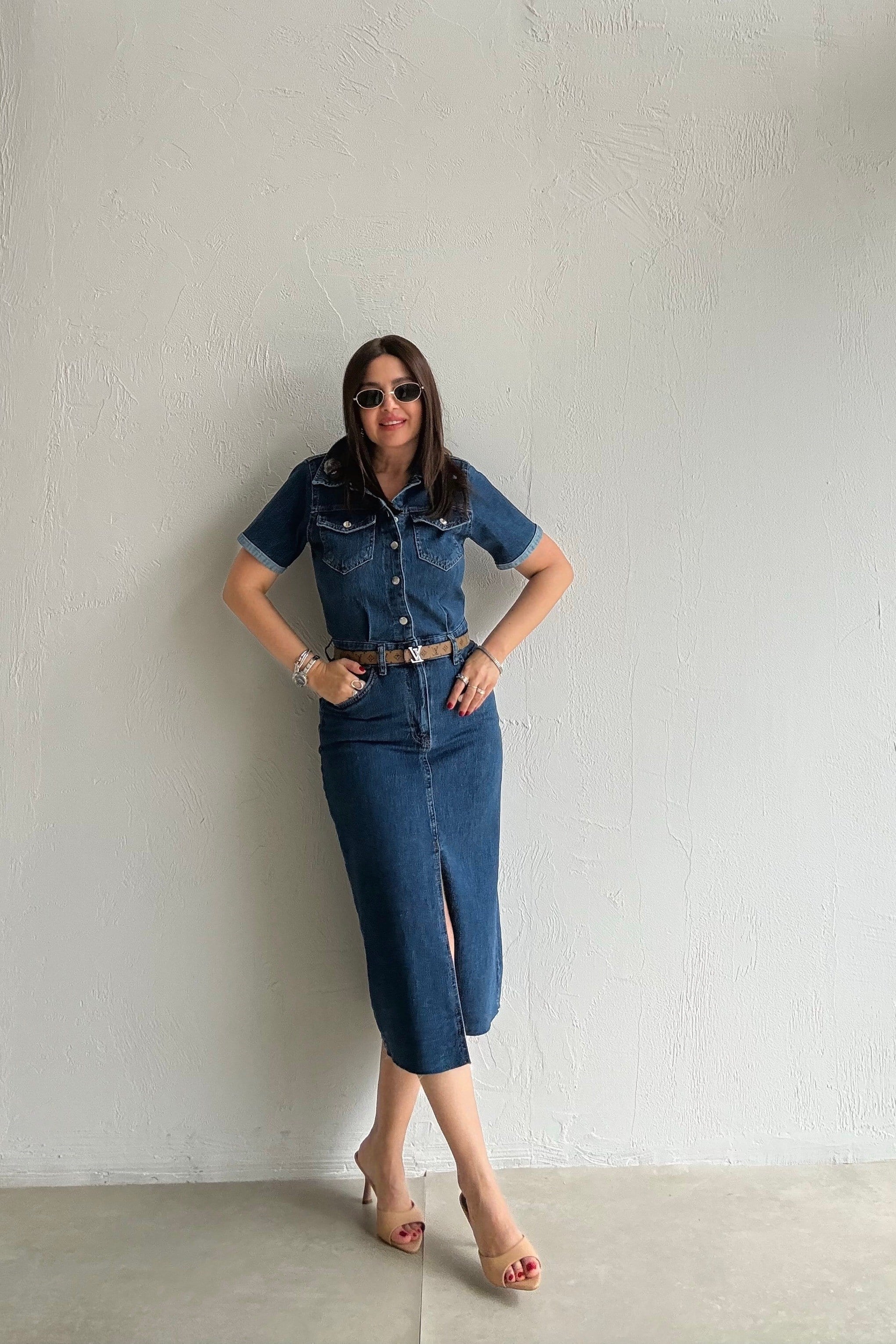 Likralı Denim Elbise MAVİ