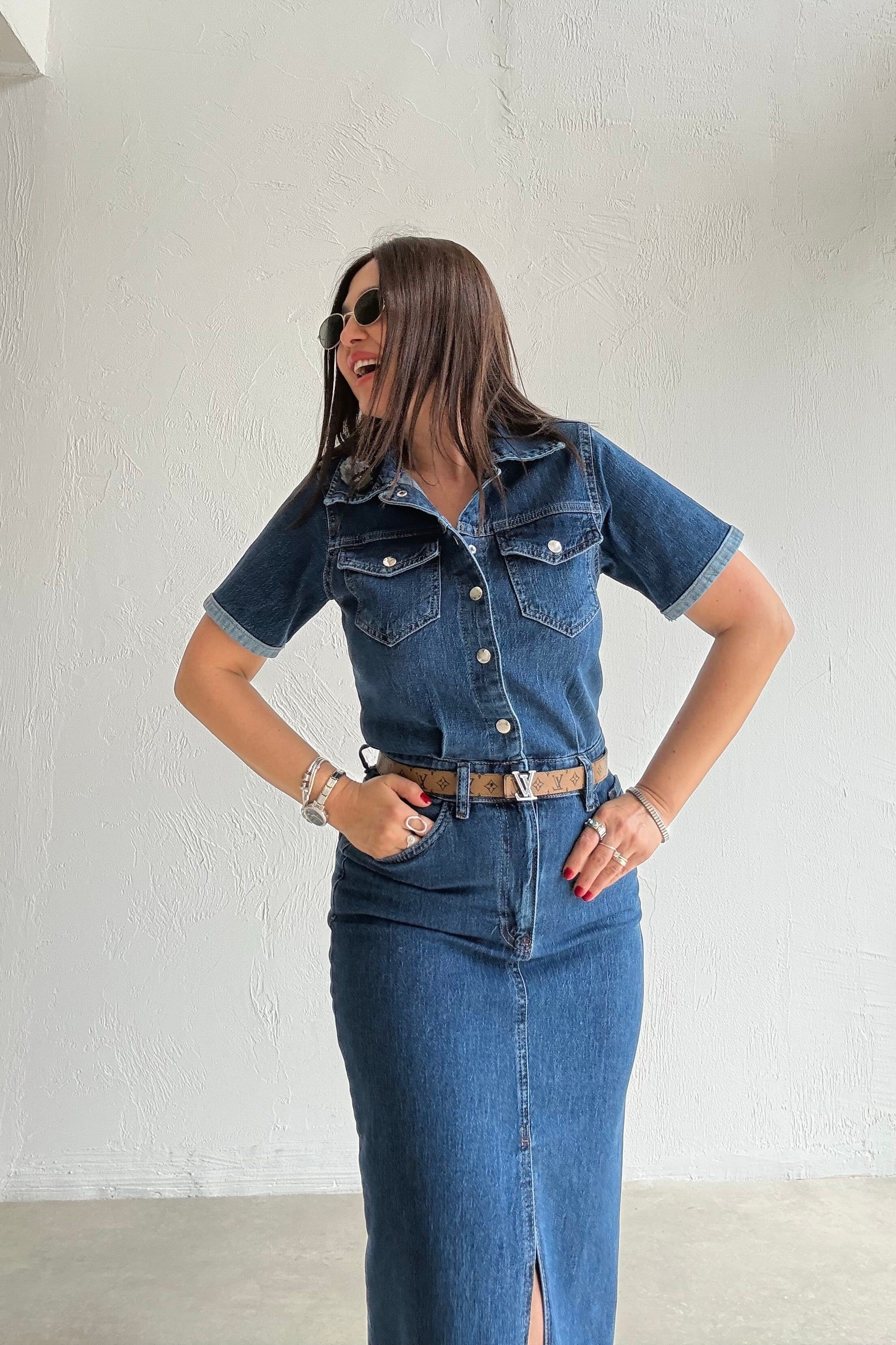Likralı Denim Elbise MAVİ