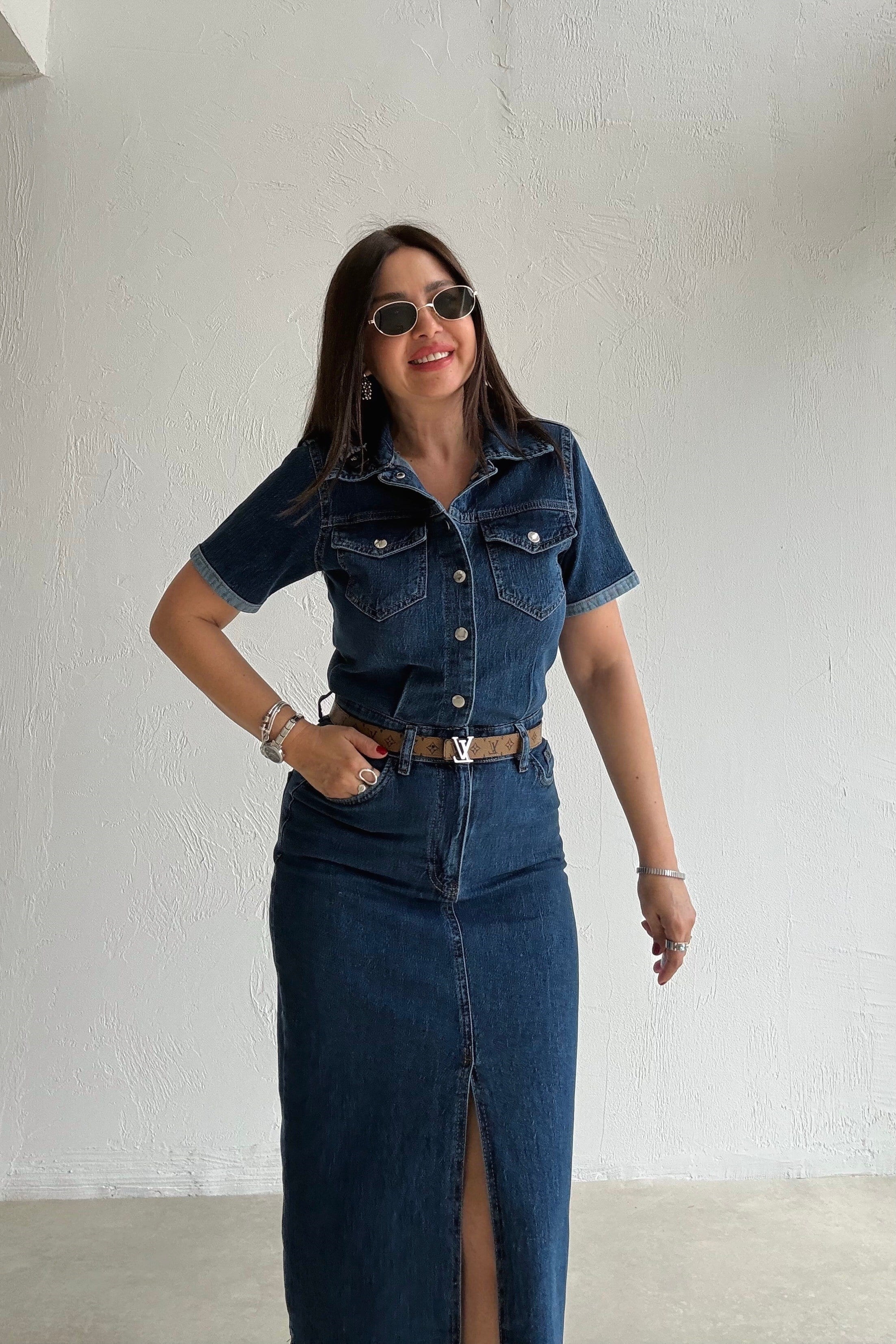 Likralı Denim Elbise MAVİ