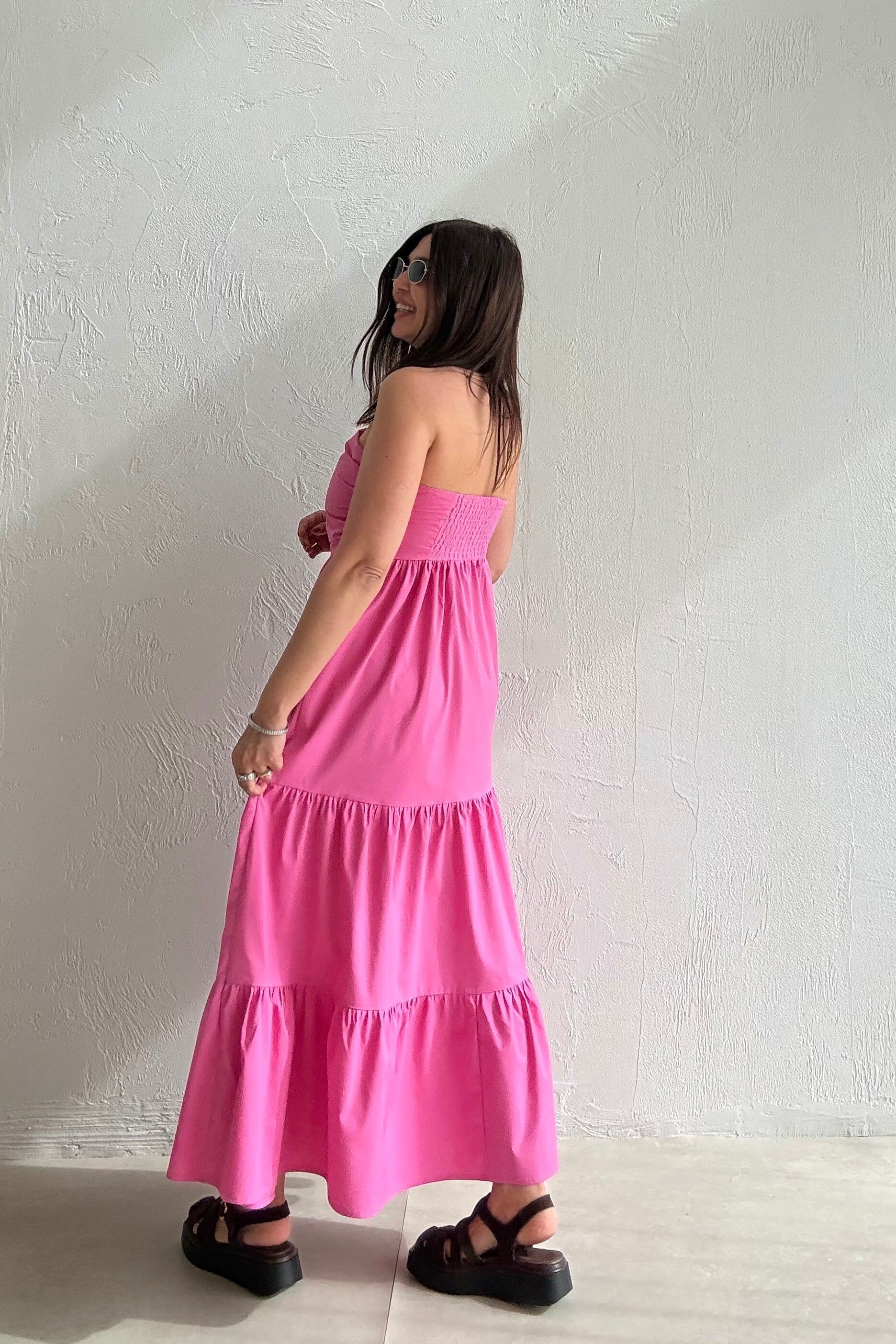 Midi Straplez Elbise PEMBE