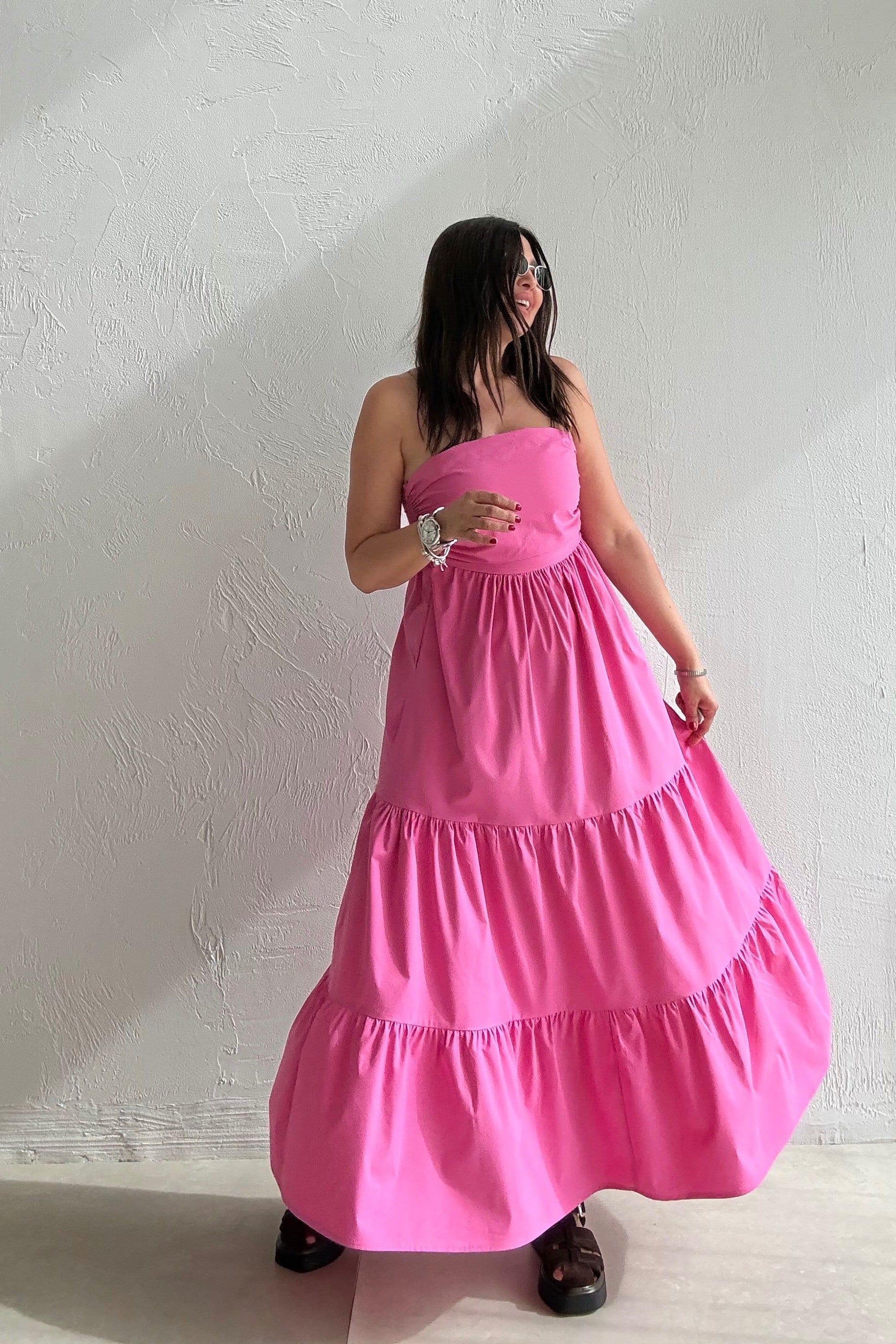 Midi Straplez Elbise PEMBE