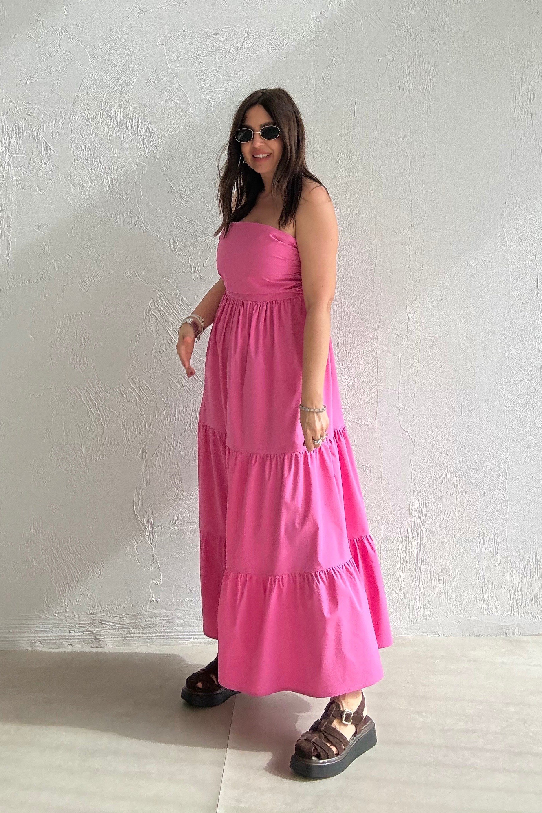 Midi Straplez Elbise PEMBE