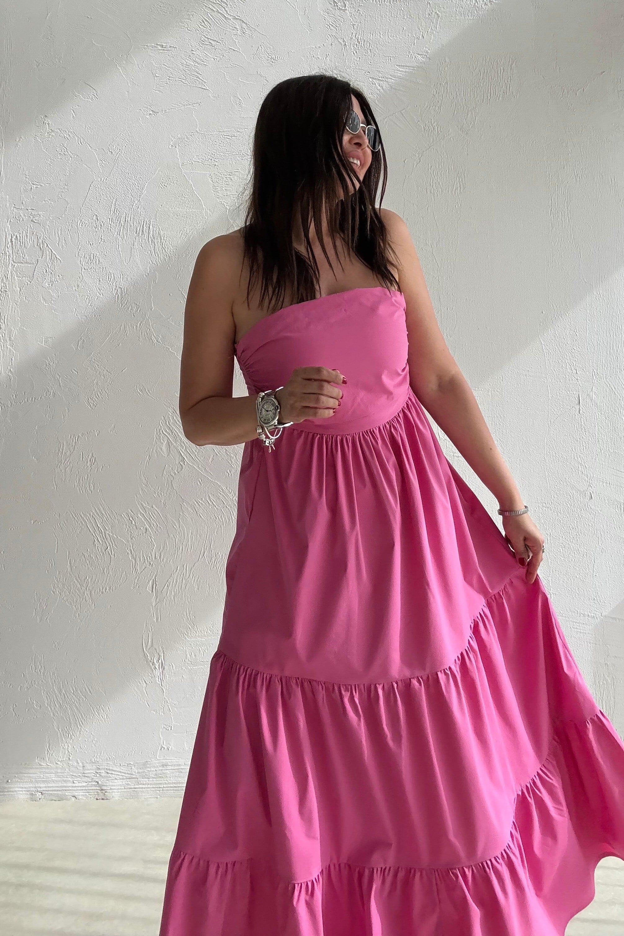 Midi Straplez Elbise PEMBE