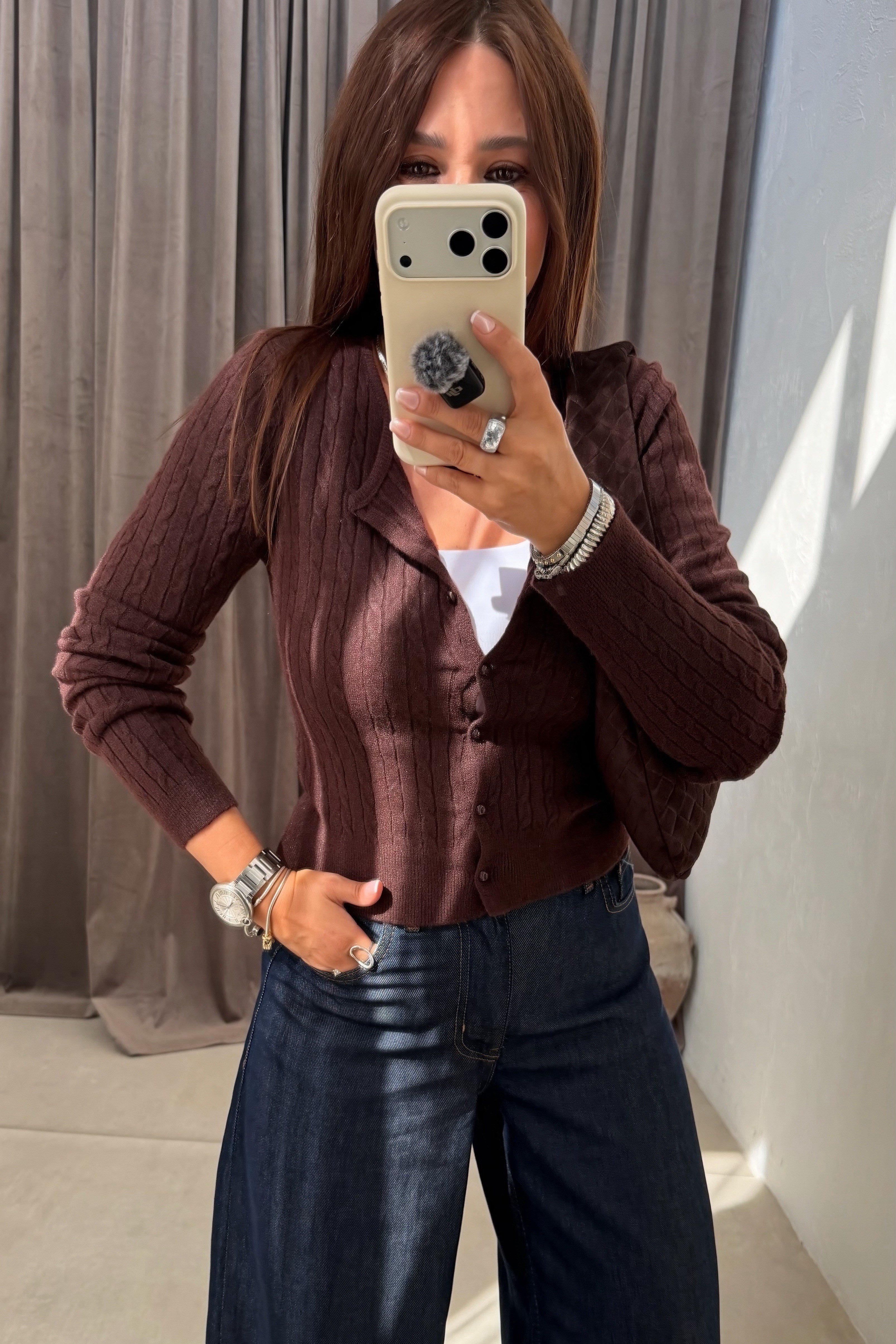 Örgülü Basıc Hırka KAHVERENGİ