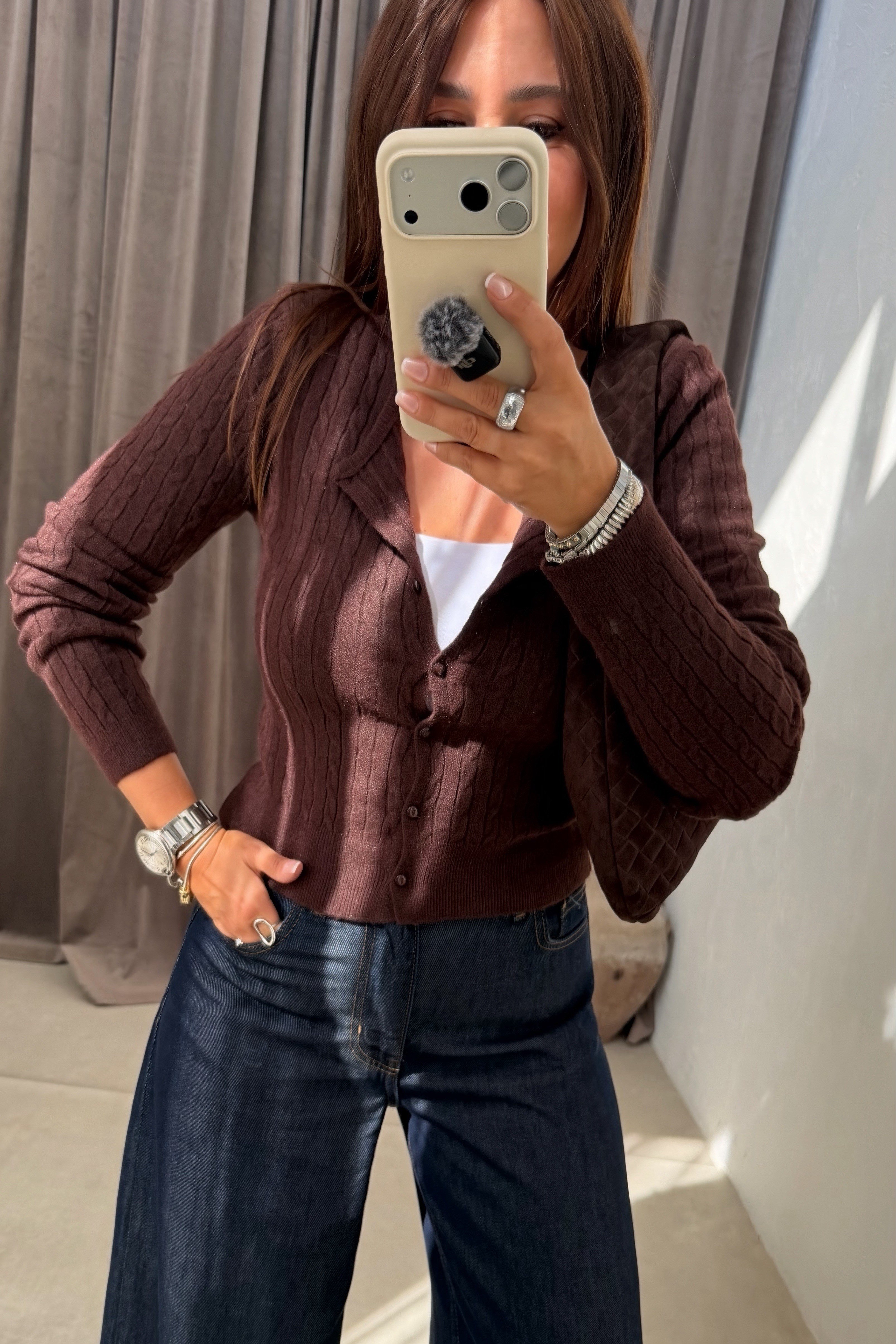 Örgülü Basıc Hırka KAHVERENGİ