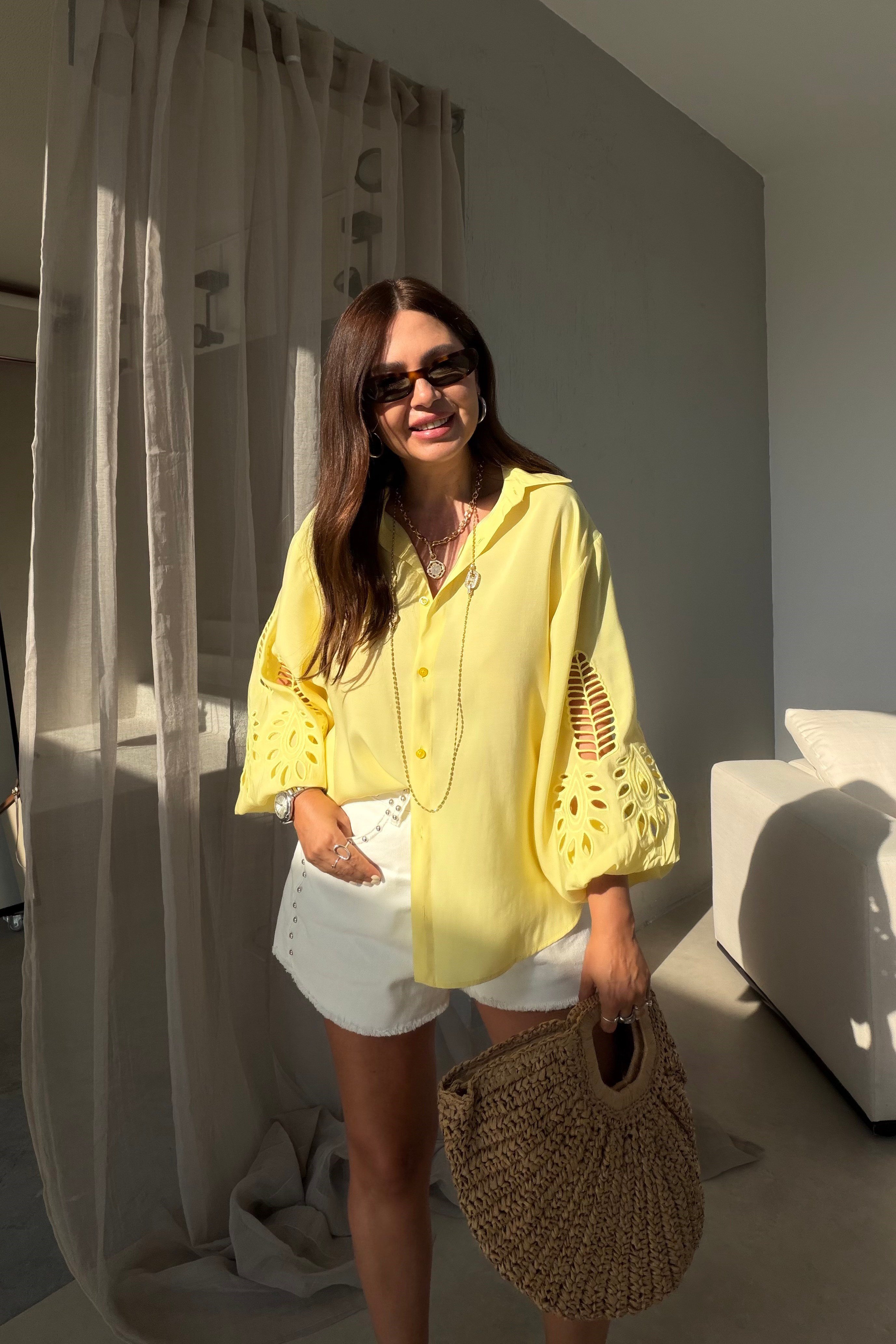 Oversize Nakışlı Gömlek SARI