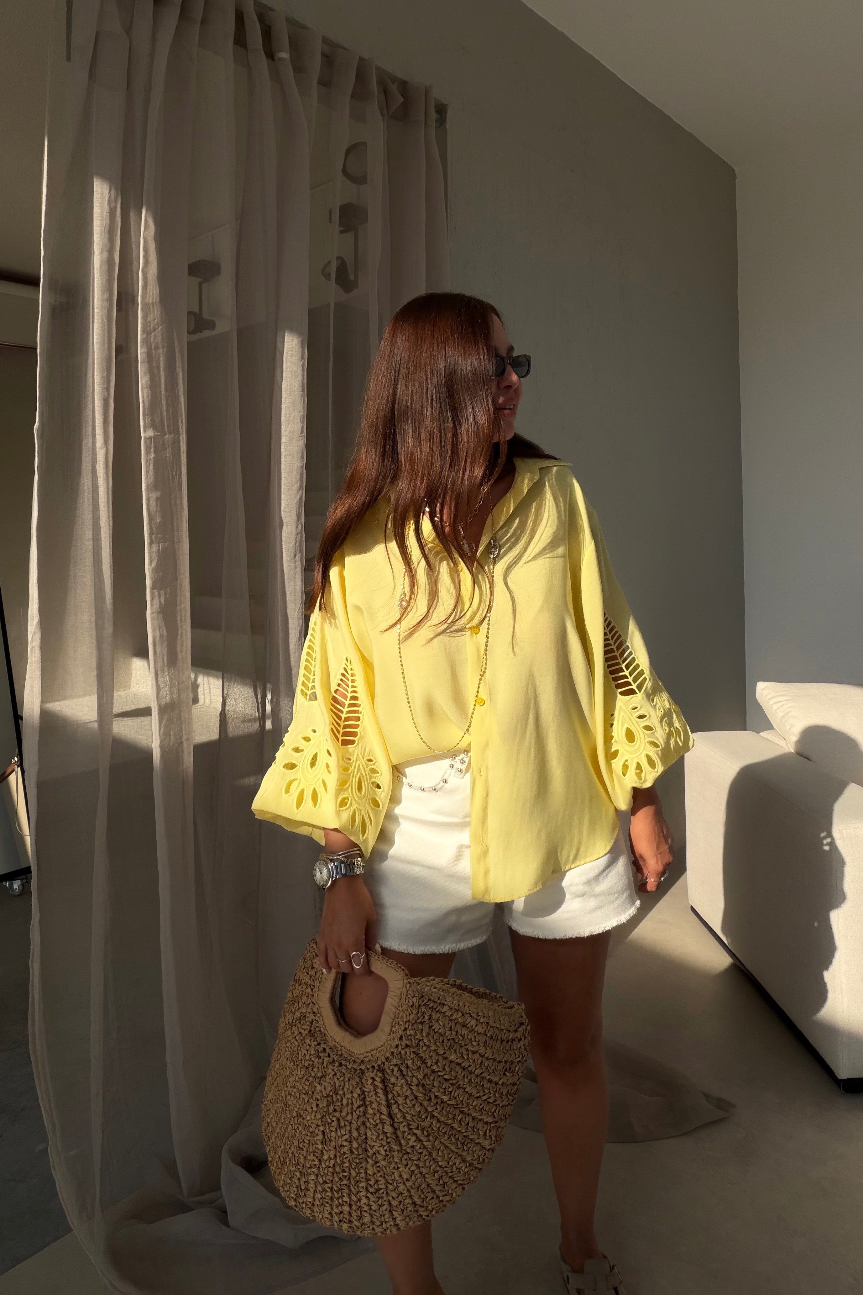 Oversize Nakışlı Gömlek SARI