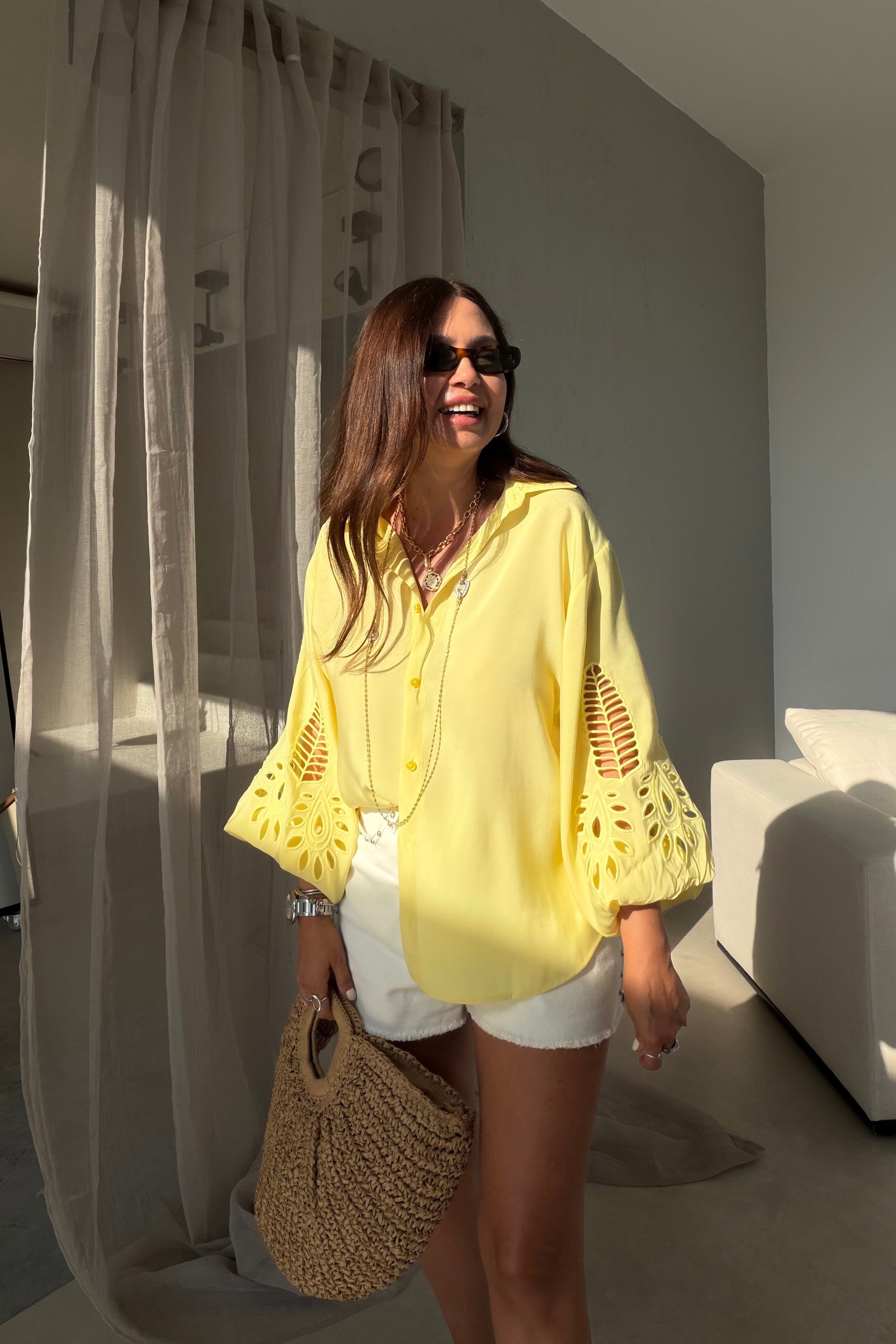 Oversize Nakışlı Gömlek SARI
