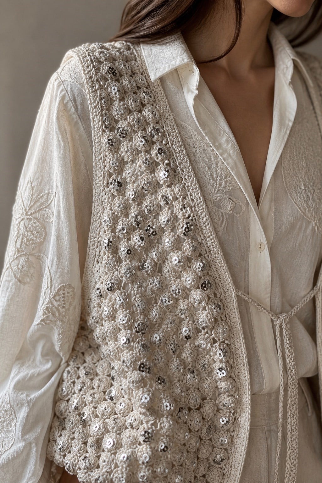 Payetli Yelek Ve Gömlek Takım BEJ
