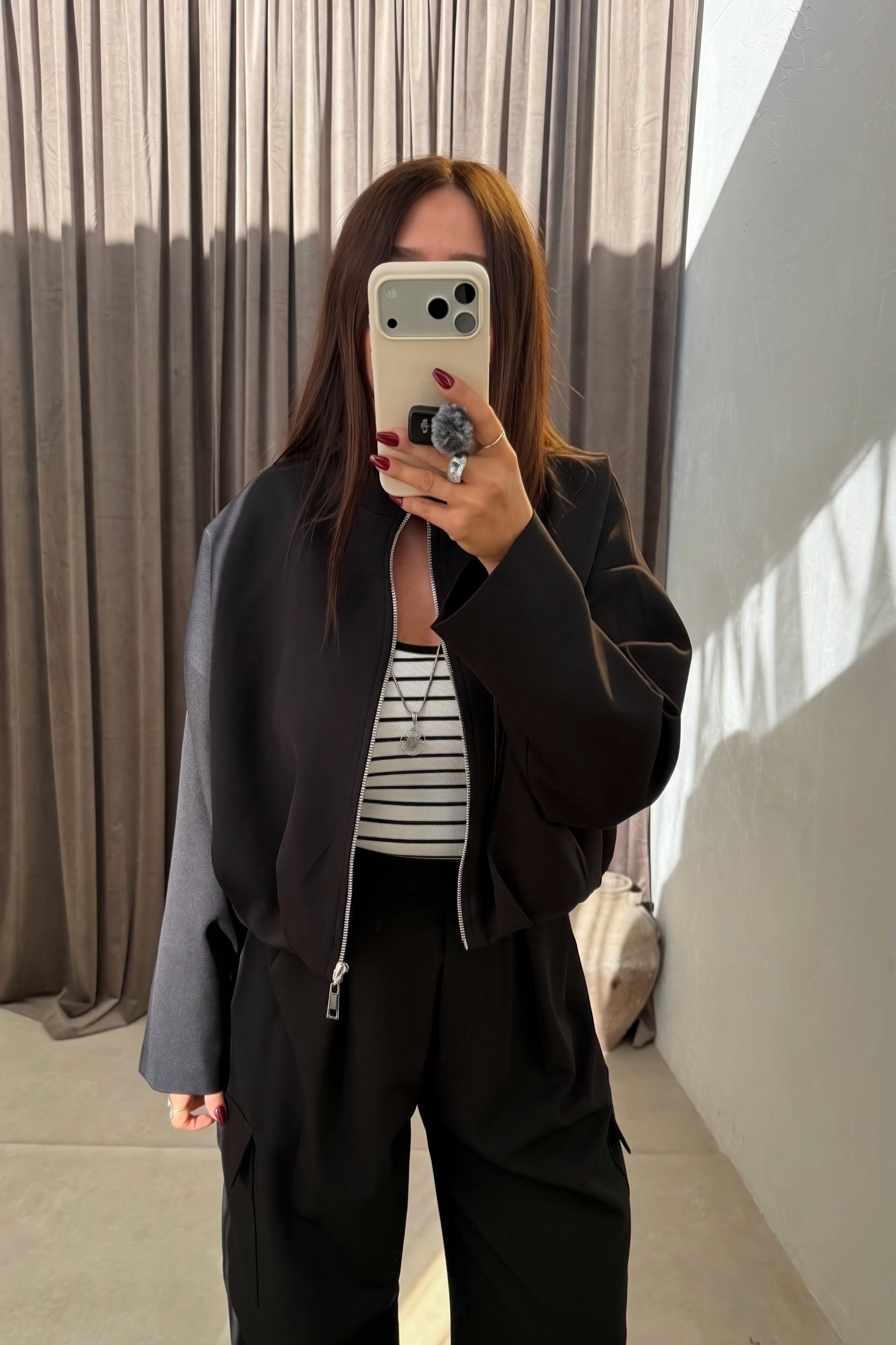 Pileli Bomber Ceket SİYAH