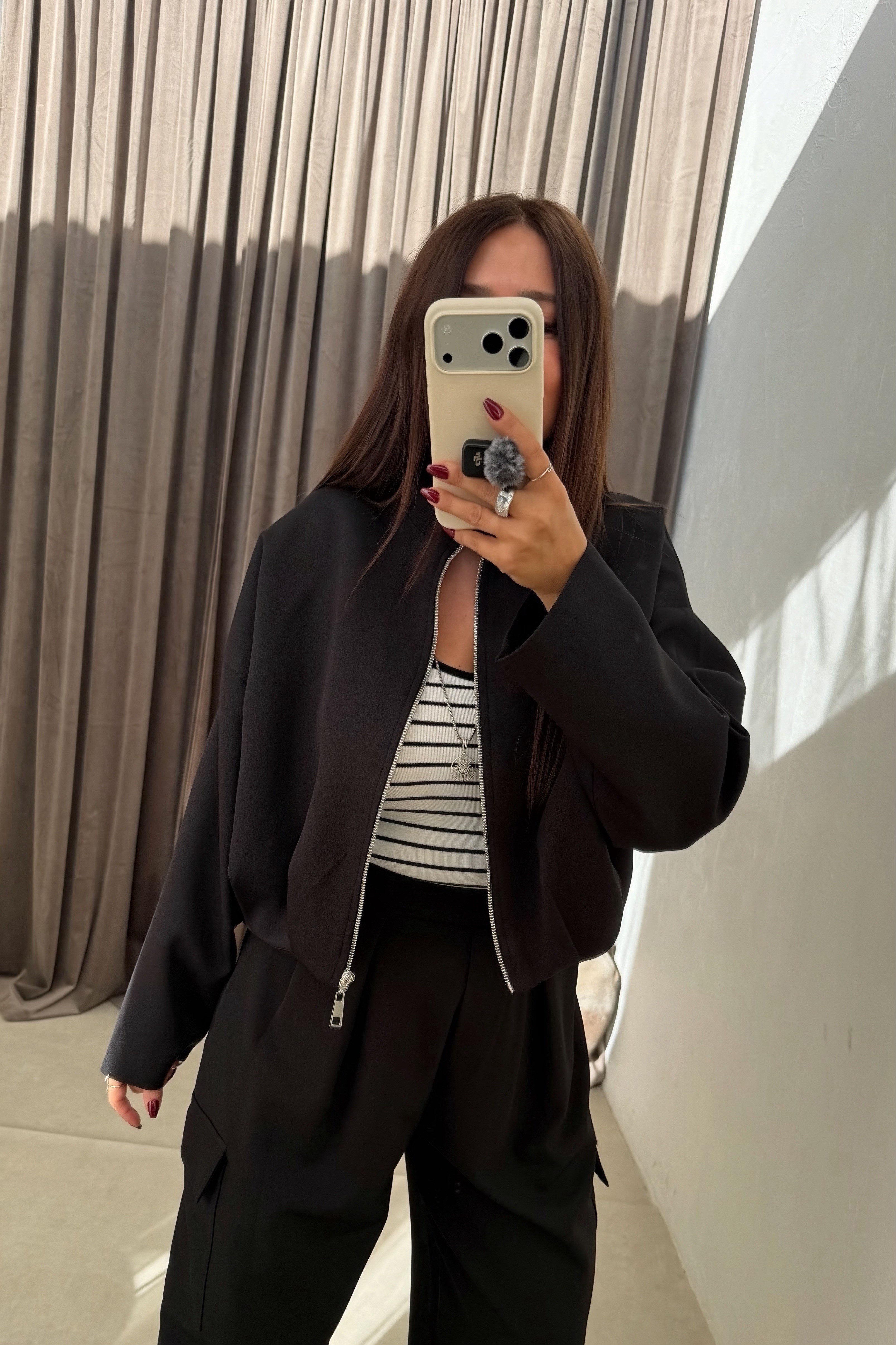 Pileli Bomber Ceket SİYAH