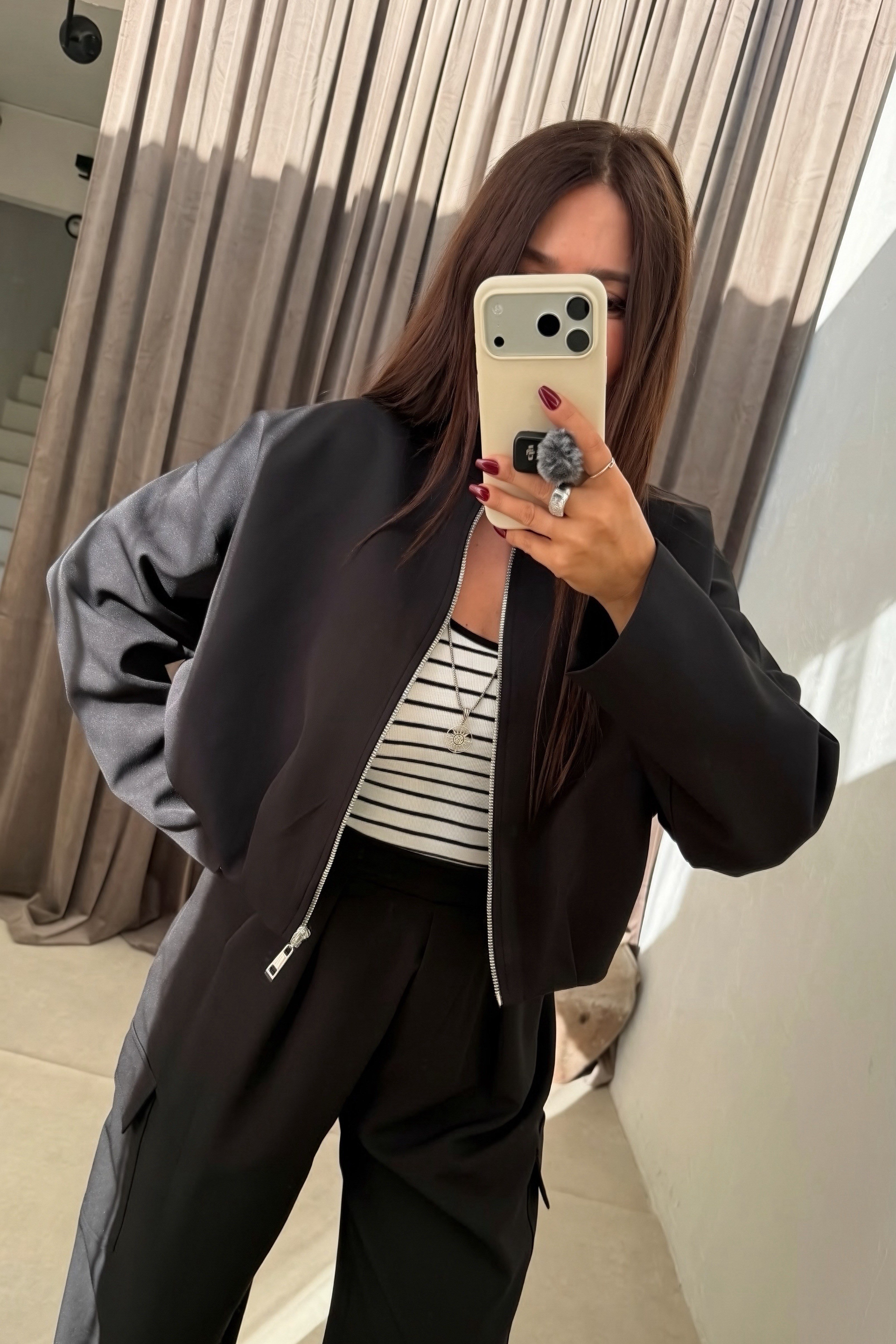 Pileli Bomber Ceket SİYAH