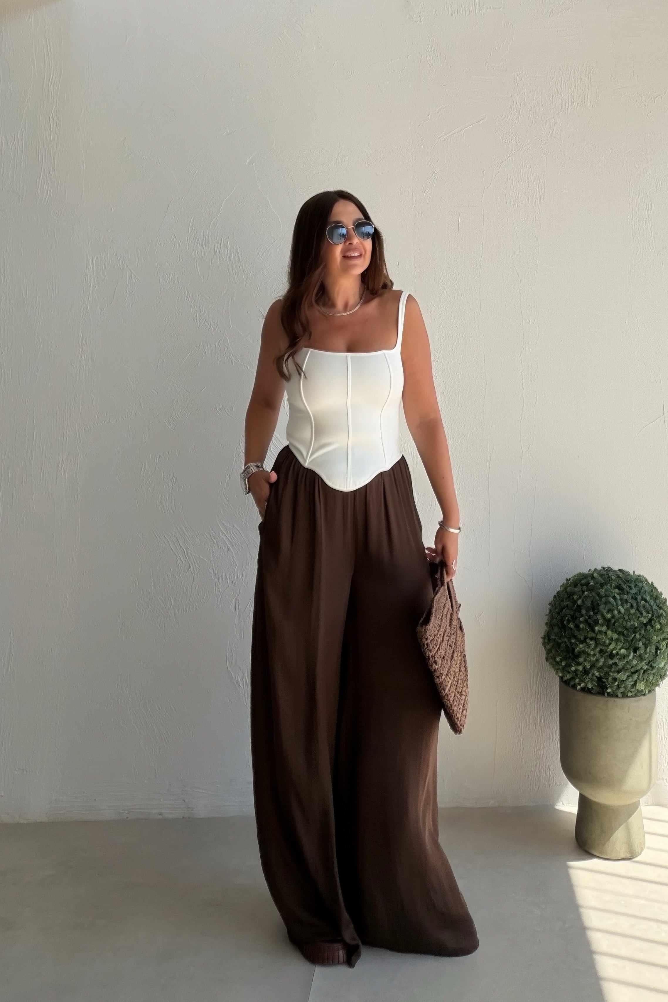 Pileli Dokulu Pantalon KAHVRENGİ