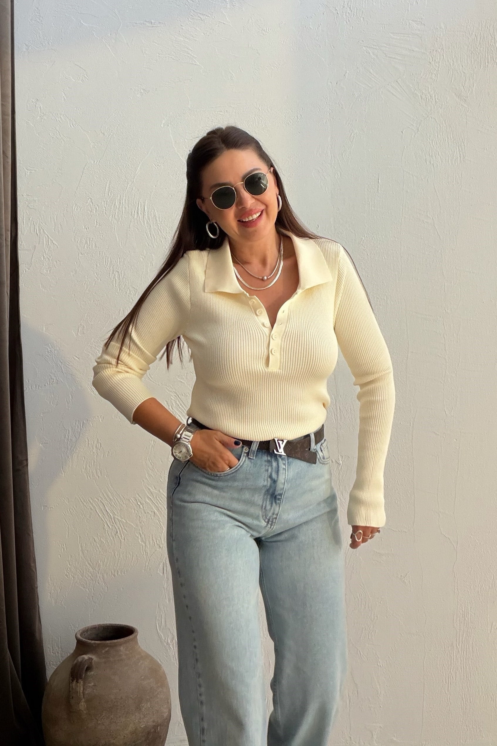 Polo Yaka Düğmeli Triko KREM