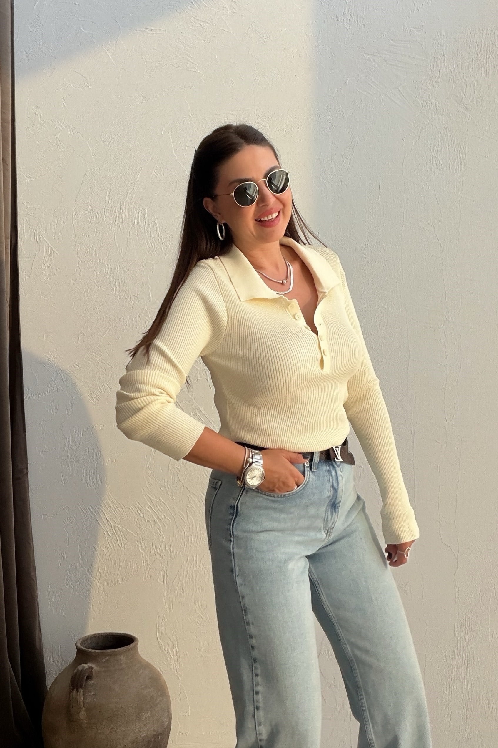 Polo Yaka Düğmeli Triko KREM