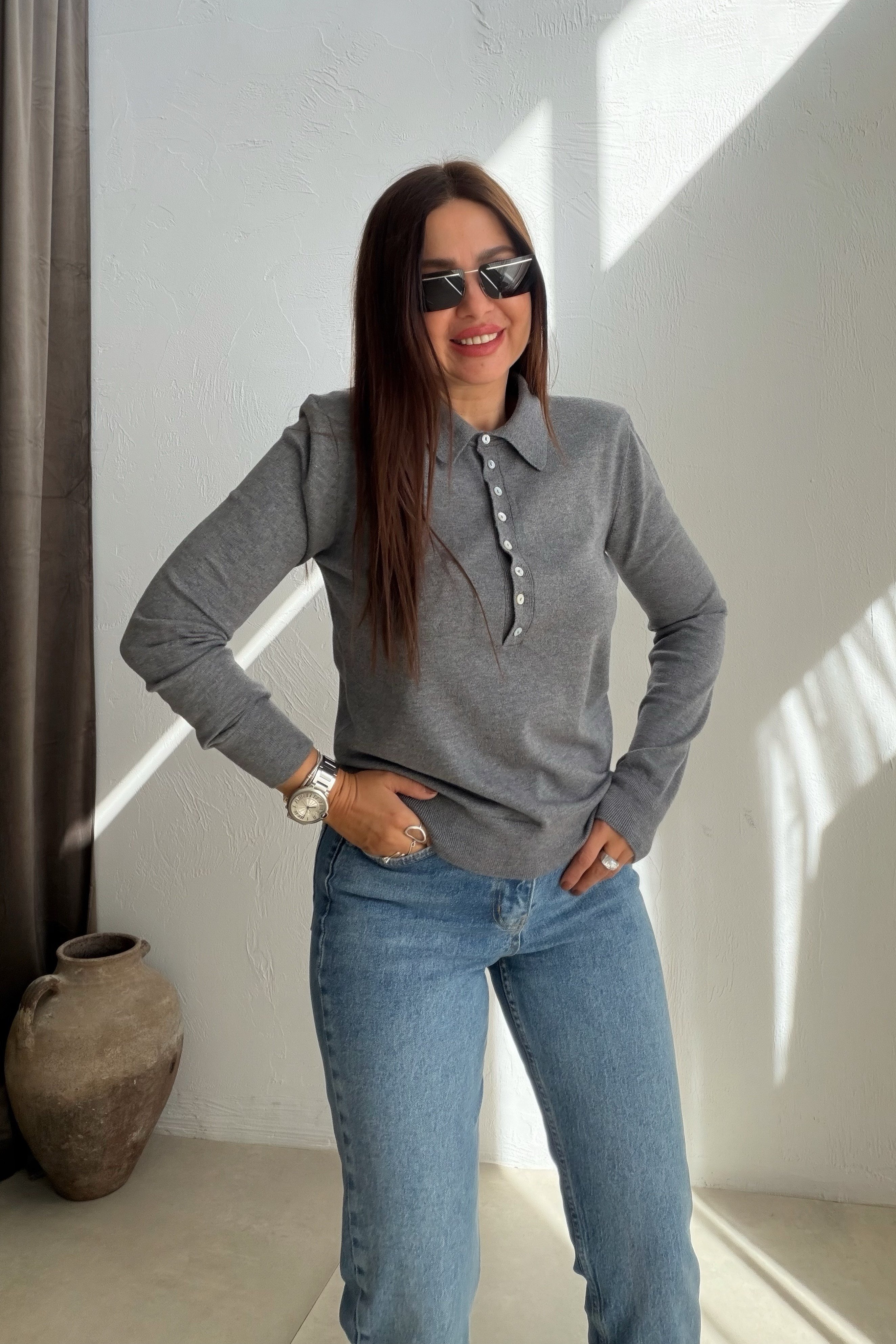 Polo Yaka Lastik Kollu Triko GRİ