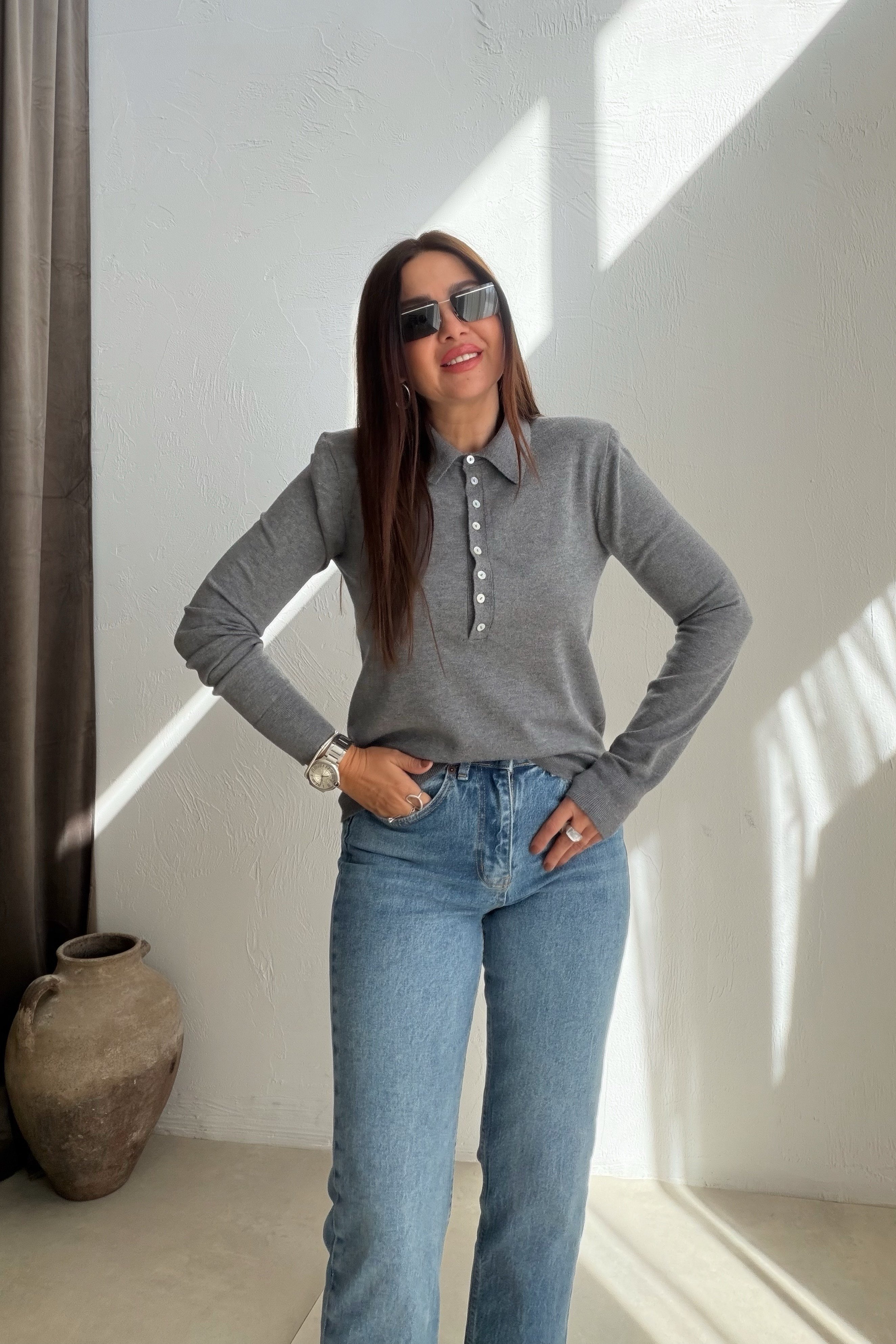Polo Yaka Lastik Kollu Triko GRİ