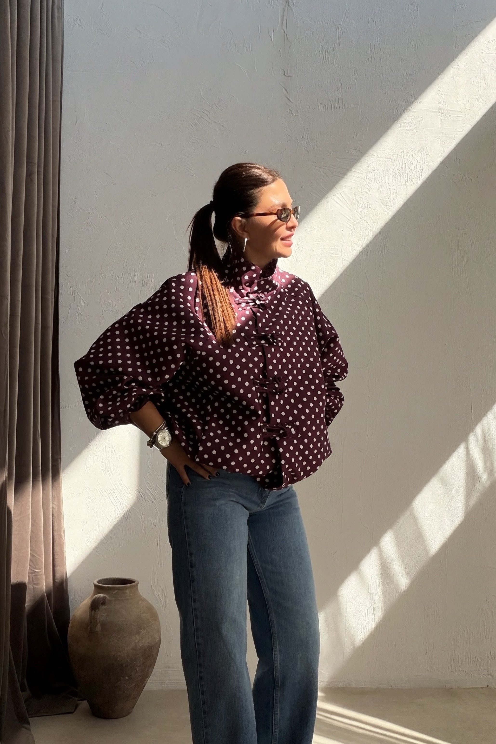 Puantiyeli Bomber Ceket BORDO