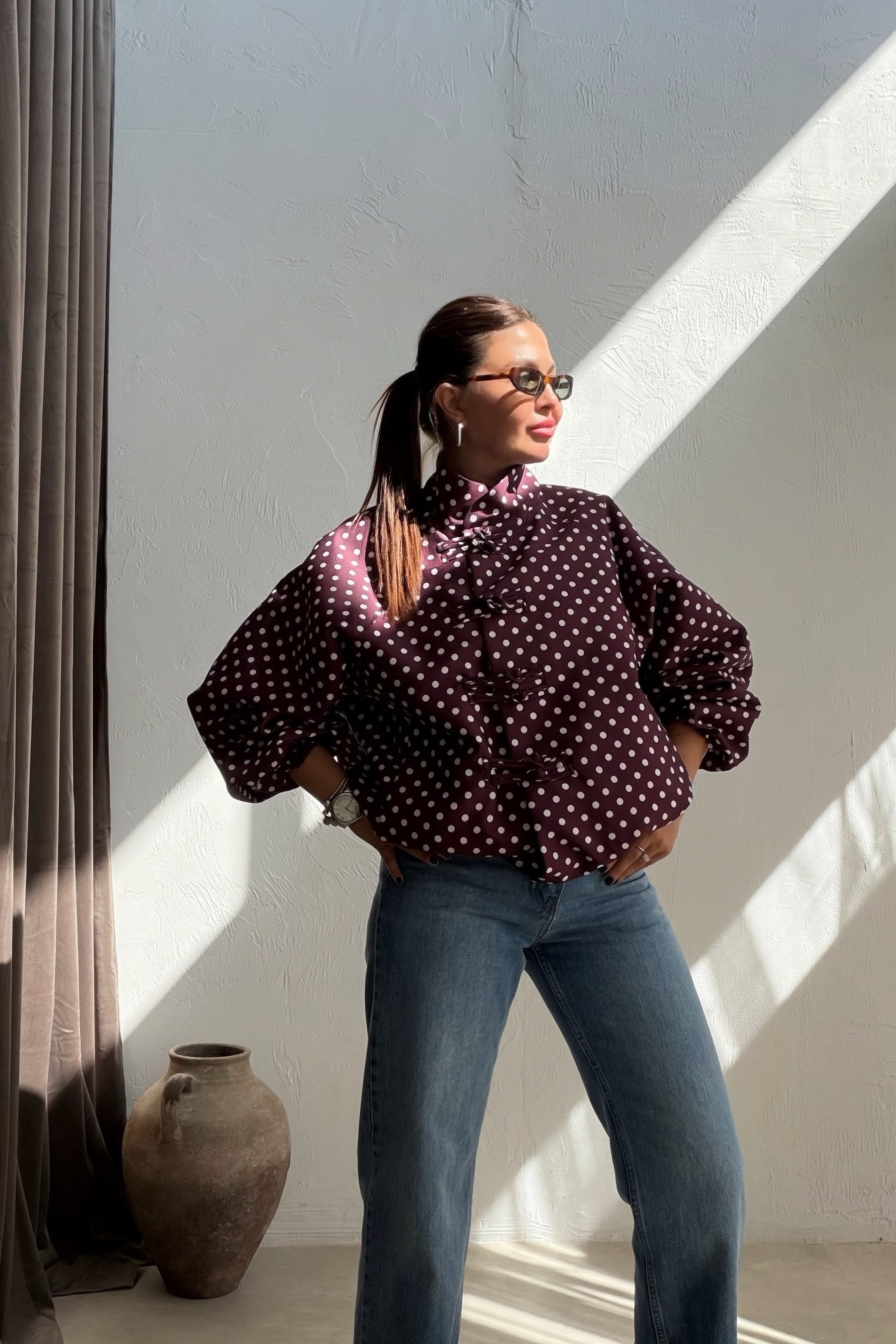 Puantiyeli Bomber Ceket BORDO