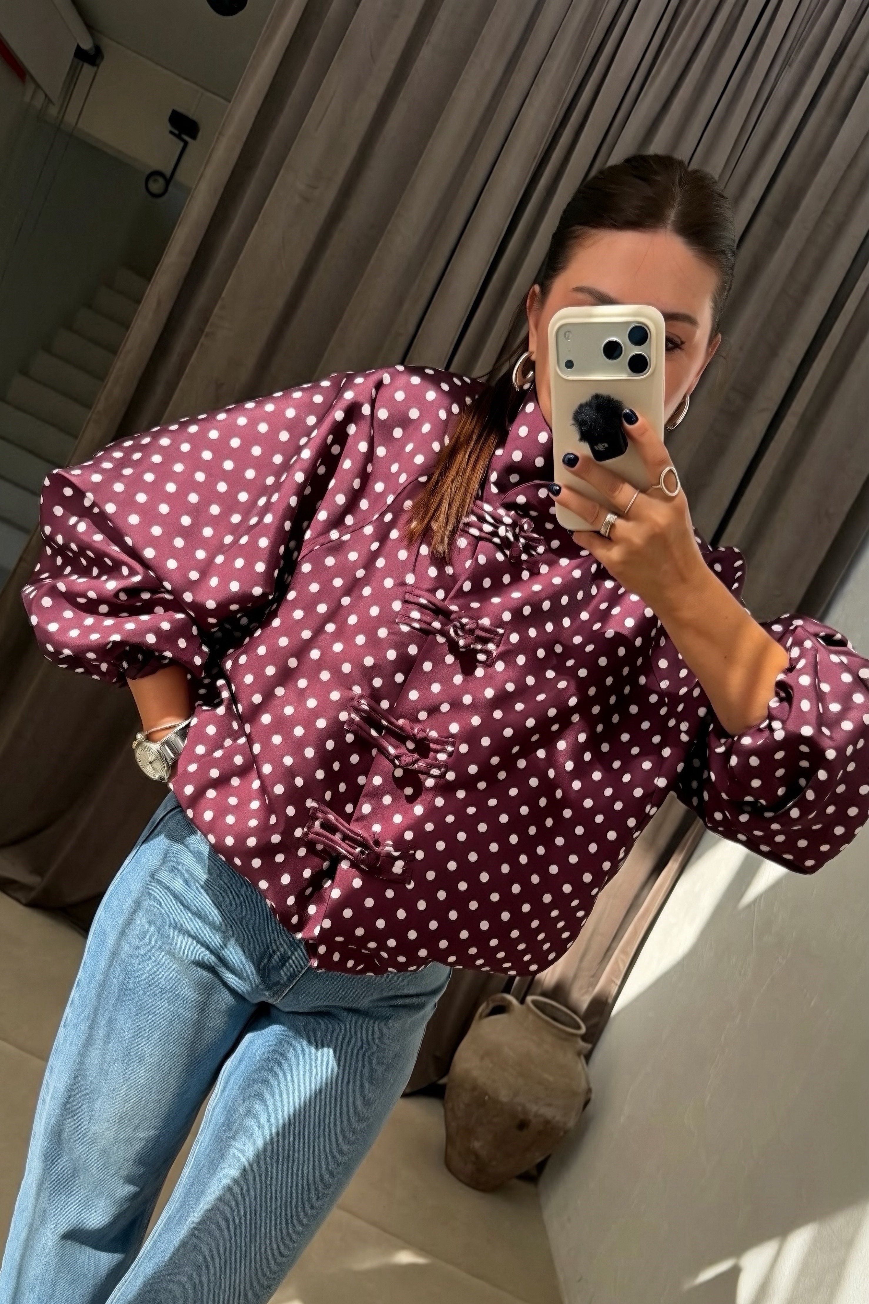 Puantiyeli Bomber Ceket BORDO