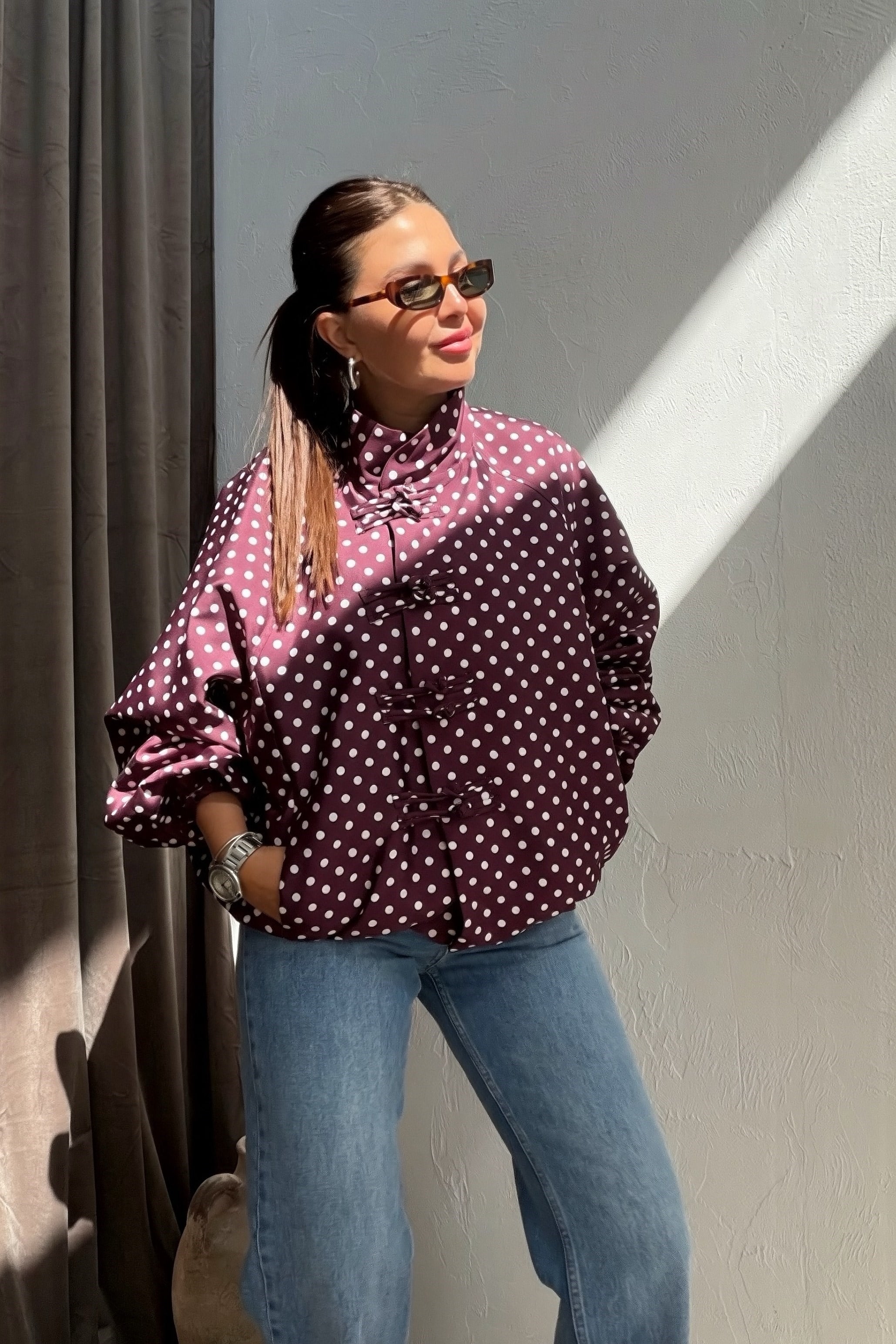 Puantiyeli Bomber Ceket BORDO