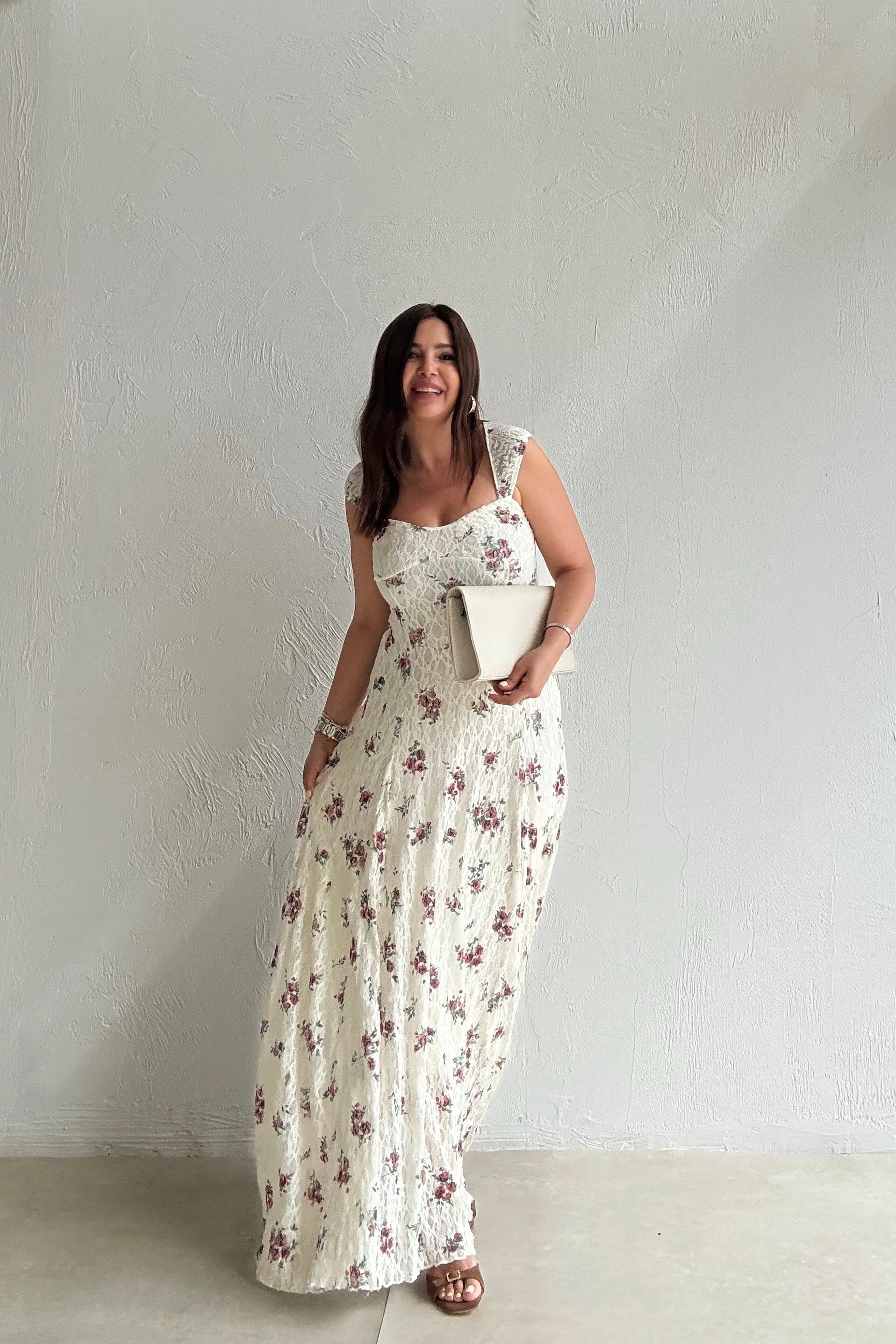 Romantik Çiçekli Elbise EKRU