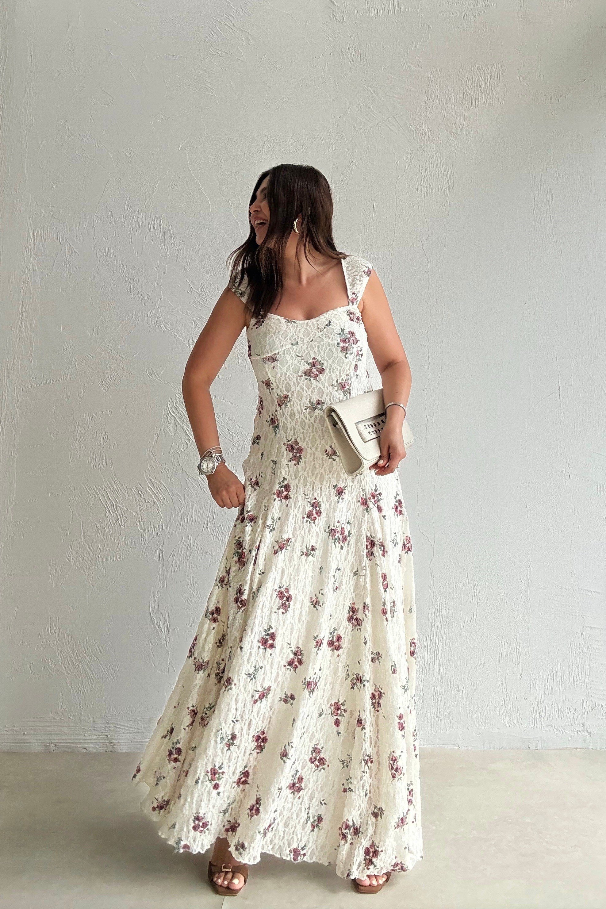 Romantik Çiçekli Elbise EKRU