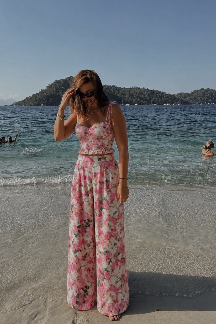 Rosa Çiçekli Korse Pantolon Takım PEMBE