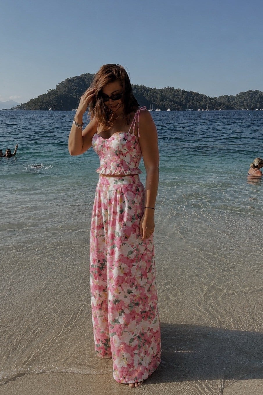 Rosa Çiçekli Korse Pantolon Takım PEMBE