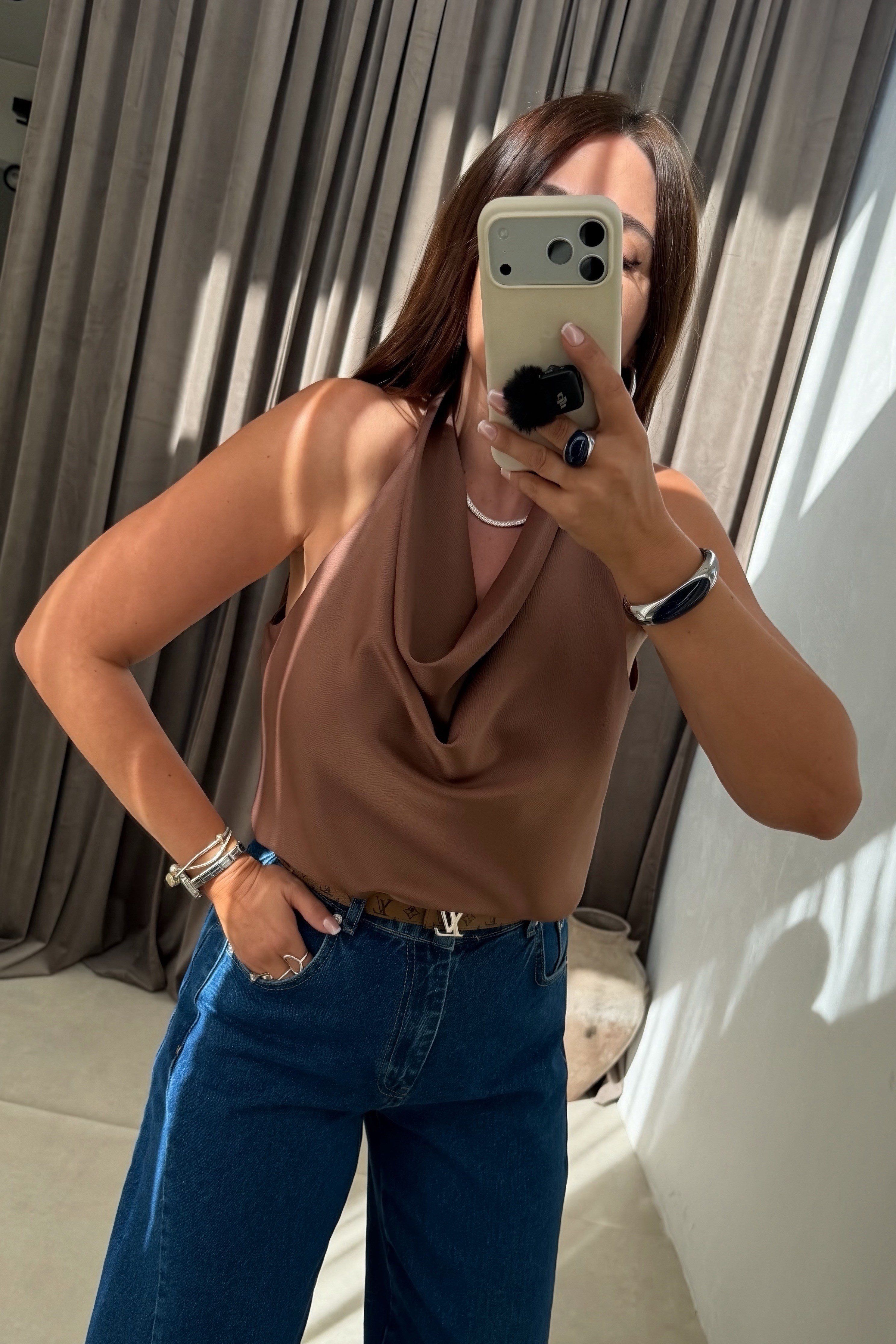 Saten Degaje Yaka Bluz AÇIK KAHVE