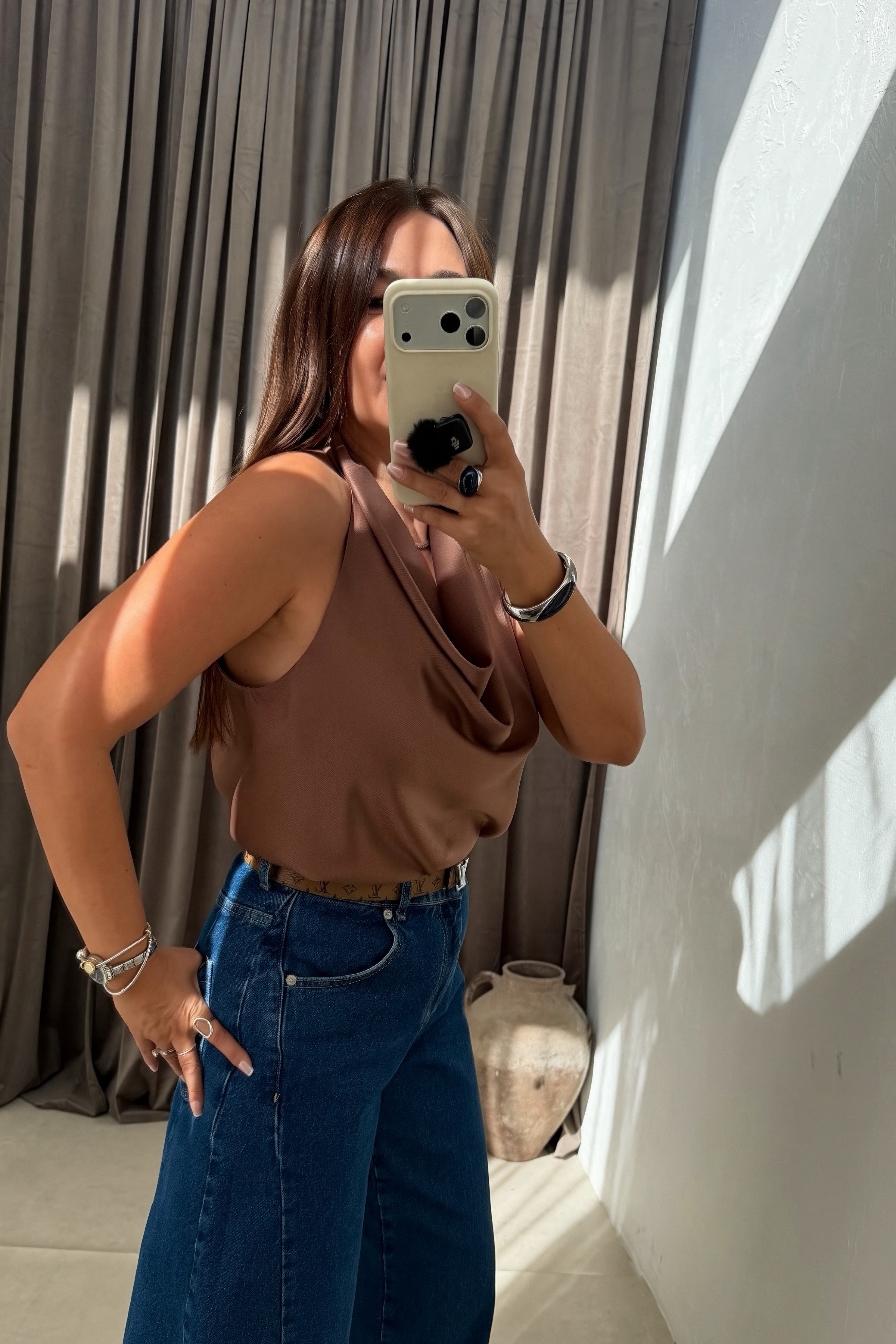 Saten Degaje Yaka Bluz AÇIK KAHVE