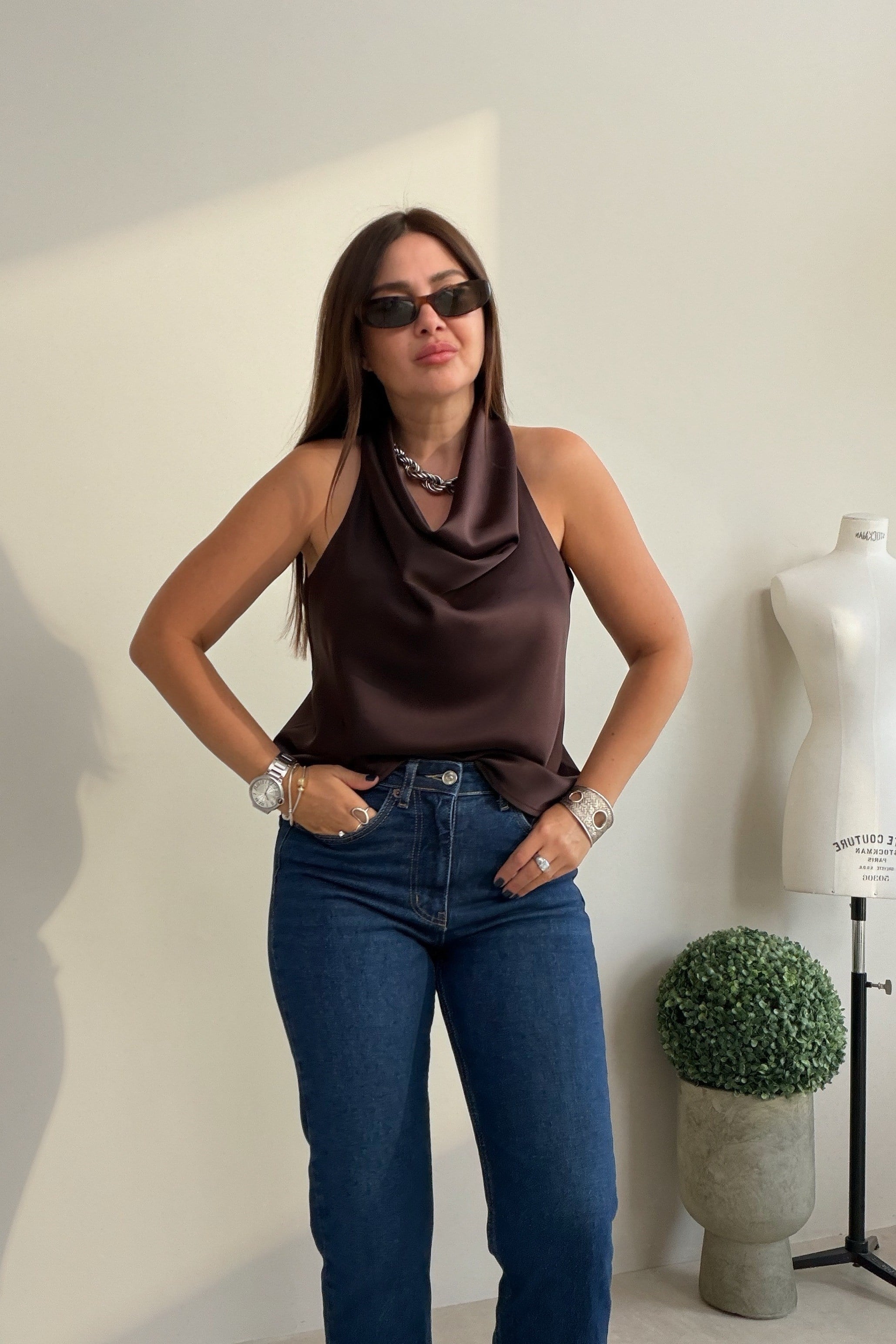 Saten Degaje Yaka Bluz KAHVERENGİ