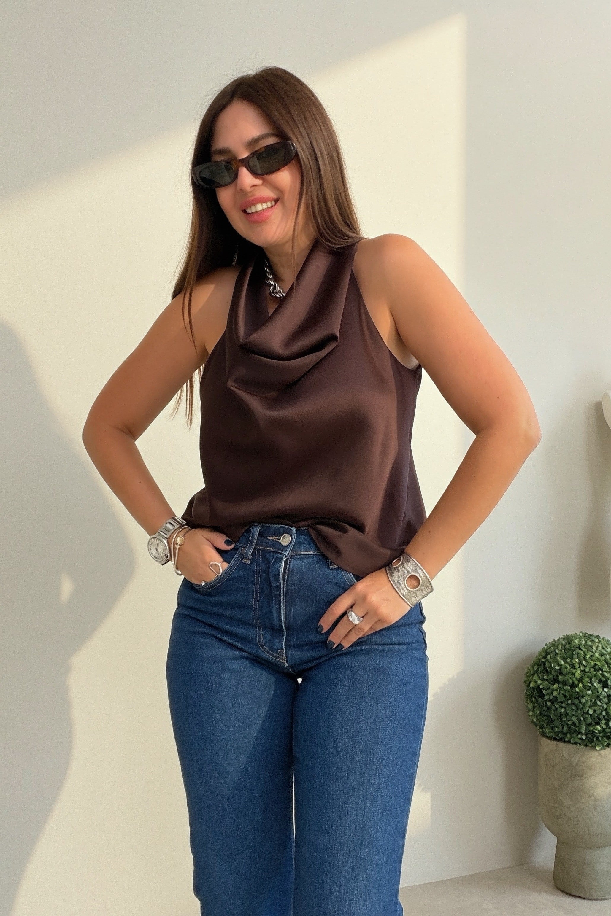 Saten Degaje Yaka Bluz KAHVERENGİ