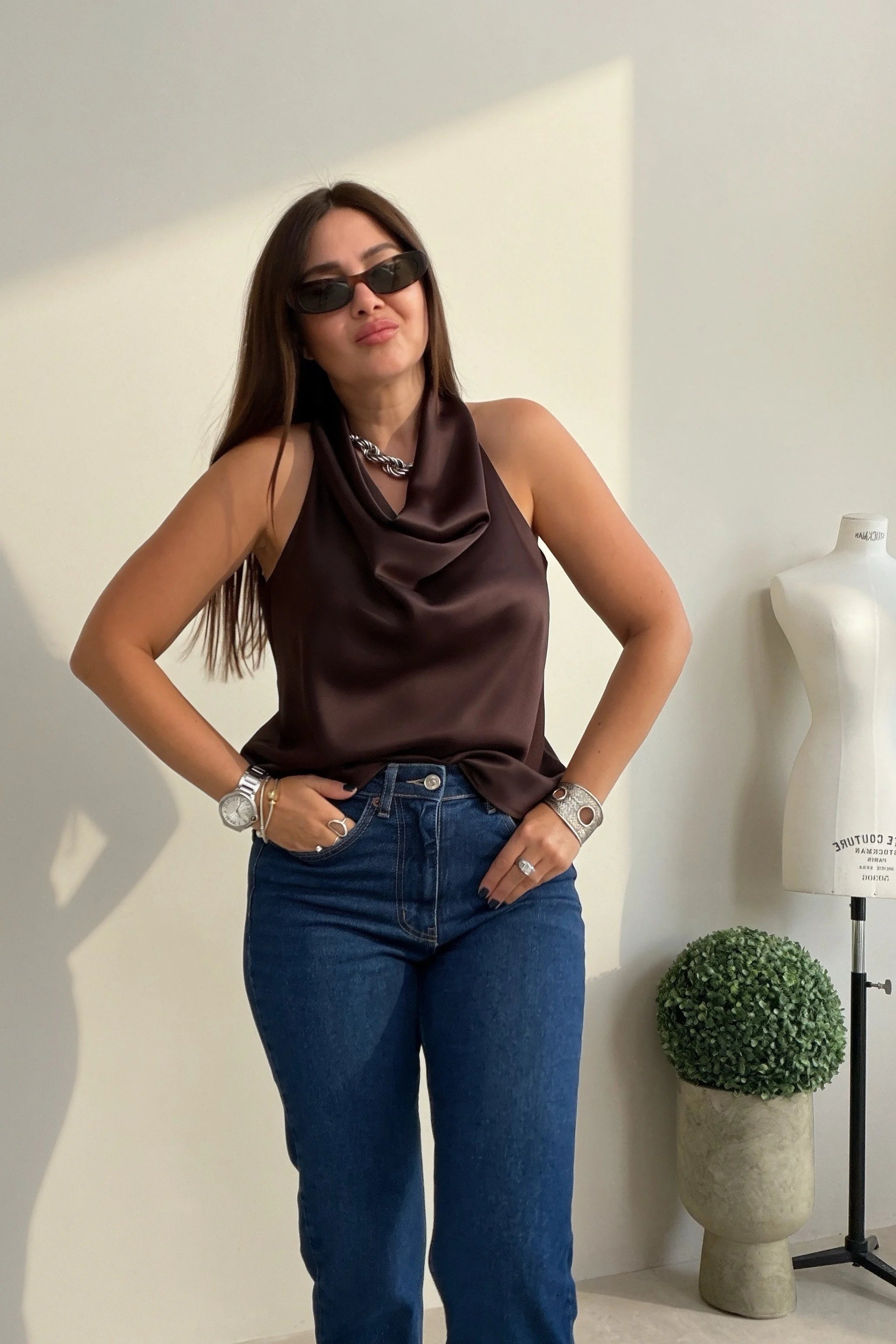 Saten Degaje Yaka Bluz KAHVERENGİ